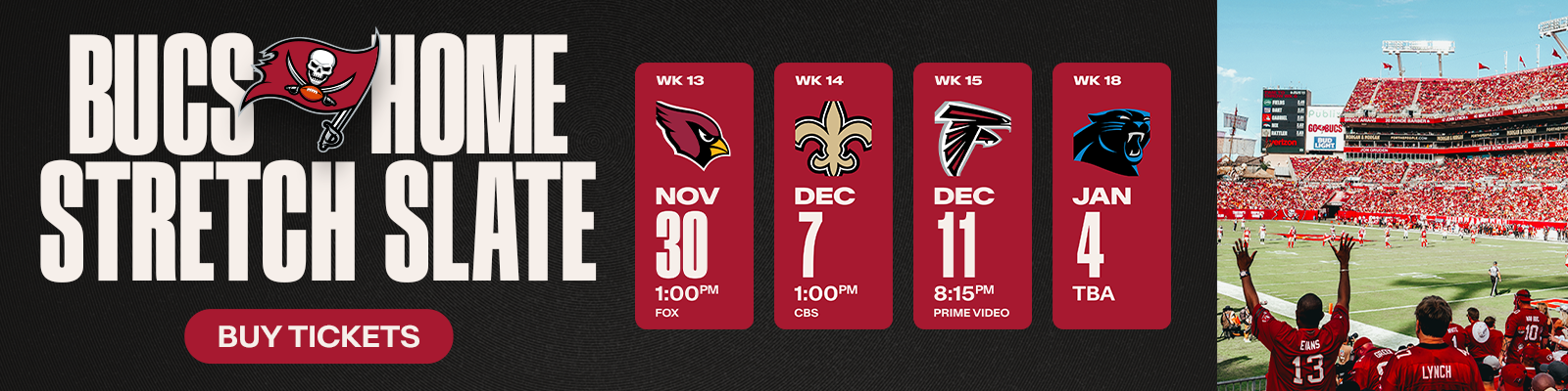 Bucs Home Stretch Slate. Buy Tickets!