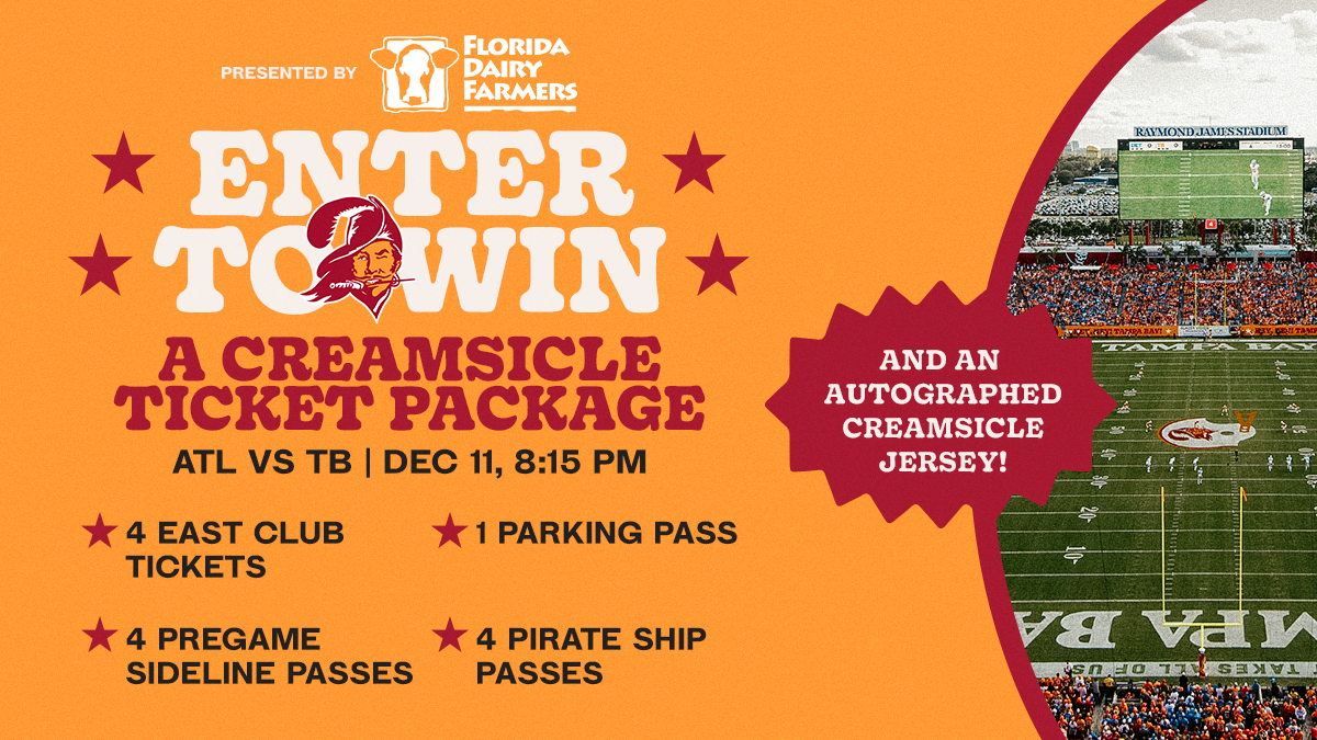 Presented by Florida Dairy Farmers ENTER TO WIN A Creamsicle Ticket Package ATL vs TB | Dec 11, 8:15 PM, 4 East Club Tickets, 4 Pregame Sideline Passes, 4 Pirate Ship Passes, 1 Parking Pass and an autographed creamsicle jersey