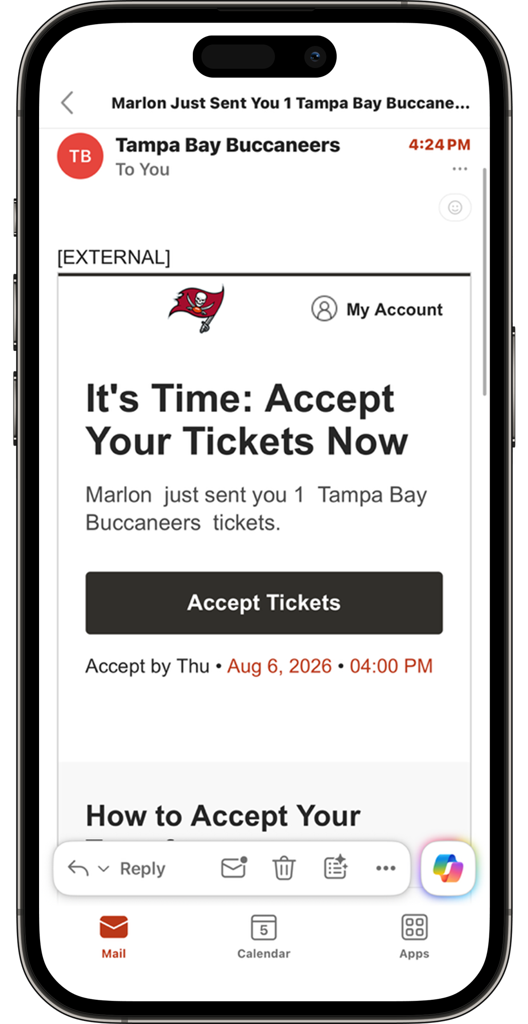 The recipient will receive an email invitation to accept your ticket transfer offer. They should select Accept Tickets in the email to create an Account Manager account or log in to an existing account. This email is NOT their ticket.