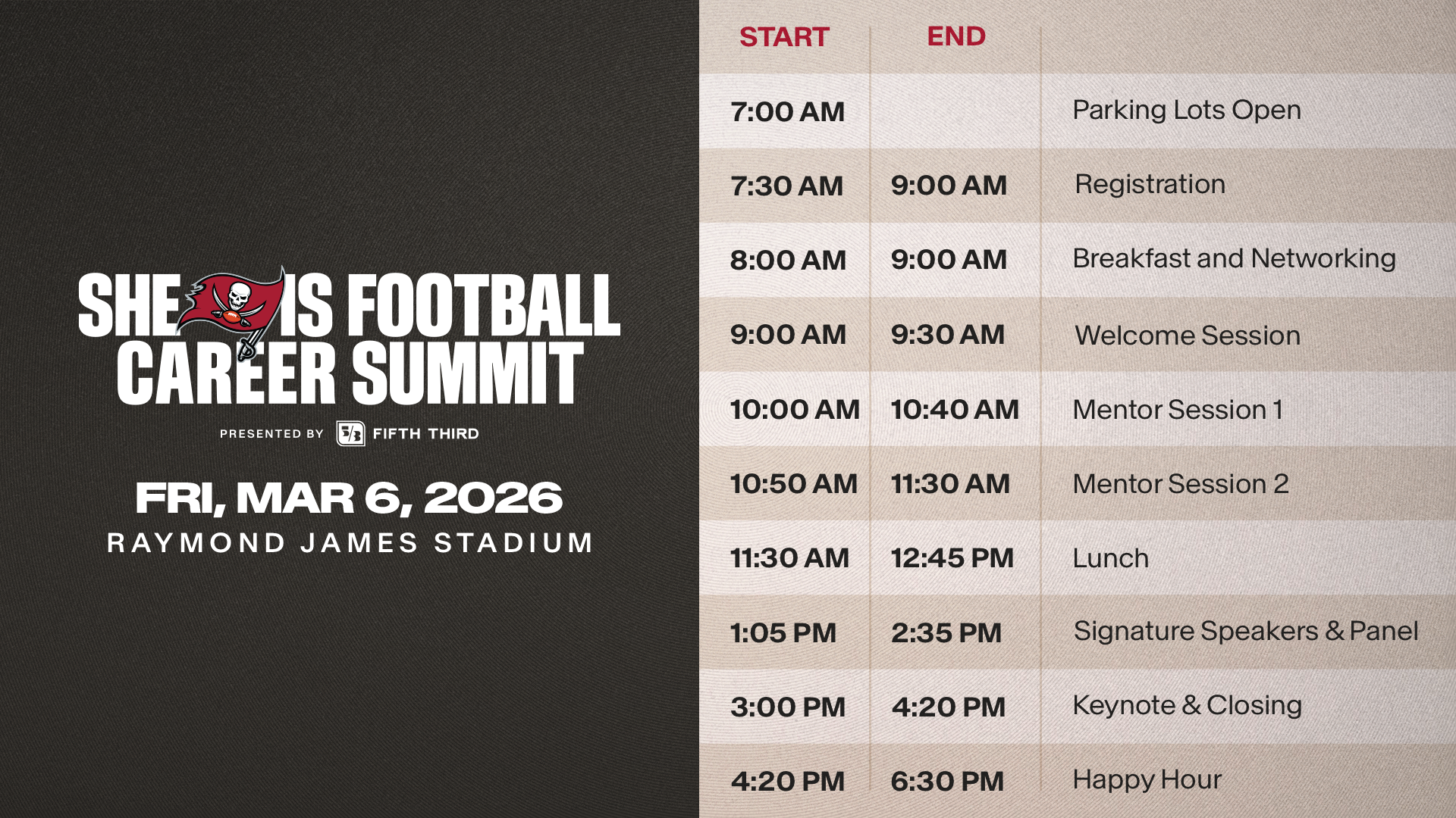 She is Football Career Summit presented by Fifth Third bank Sample Schedule. Fri, Mar 6, 26 Raymond James Stadium: 7AM Parking Lots Open, 7:30AM Registration, 8AM Breakfast and Networking, 9AM, Registration Ends, 9am Welcome Schedule, 10 Mentor Session , 10:50am, Mentor Session 2, 11:30am Lunch, 1:05pm, Signature Speakers & Panel, 3pm Keynote & Closing, 4:20pm-6:30pm Happy Hour