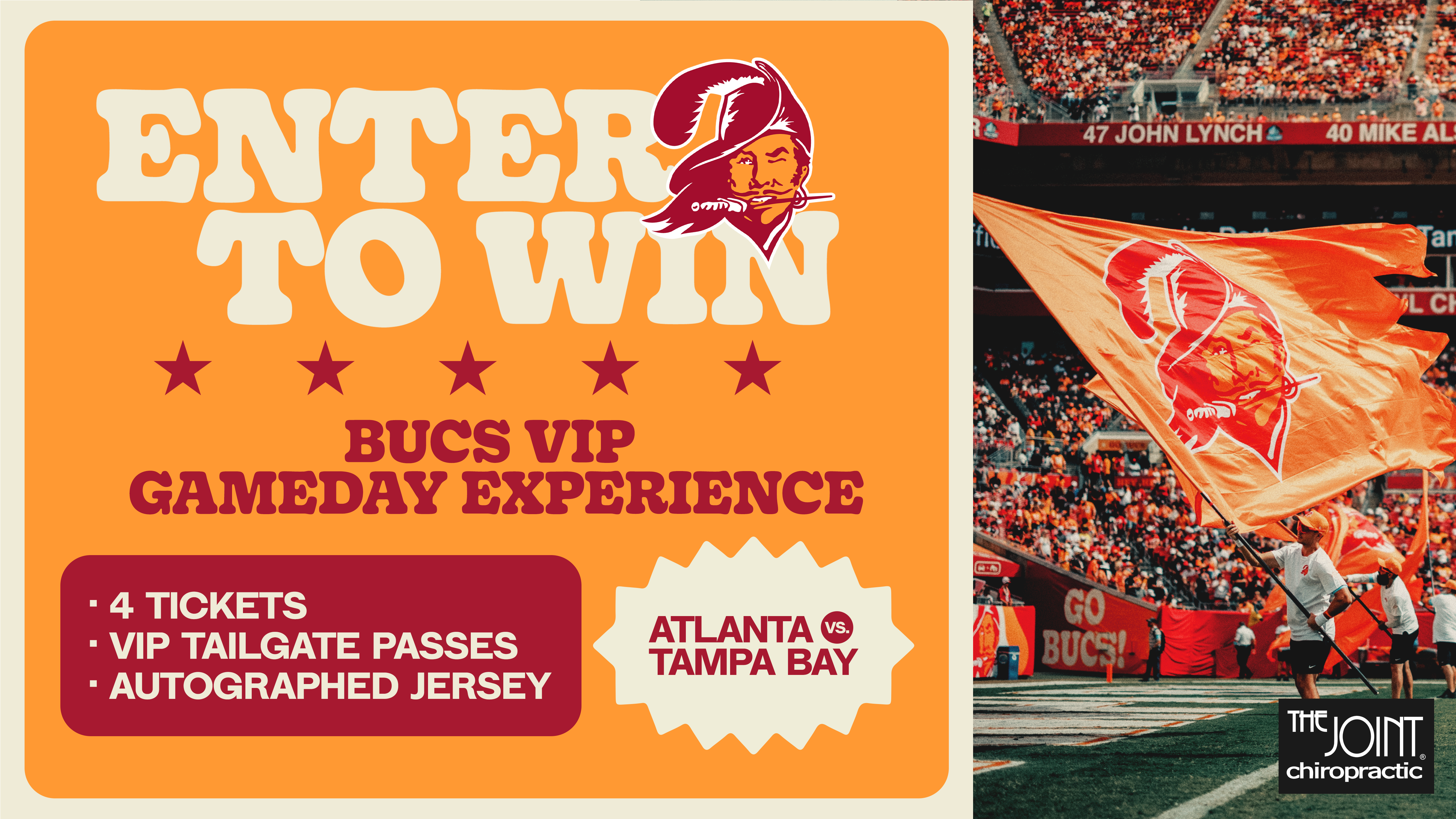 Enter to Win Bucs VIP Gameday Experience, 4 Tickets, VIP Tailgate Passes, Autographed Jersey. Atlanta vs. Tampa Bay