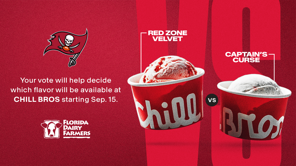 Tampa bay Buccaneers. Your vote will decent which flavor will be available at Chill Bros starting September 15. Red Zone Velvet vs. Captains Curse. Florida Dairy Farmers