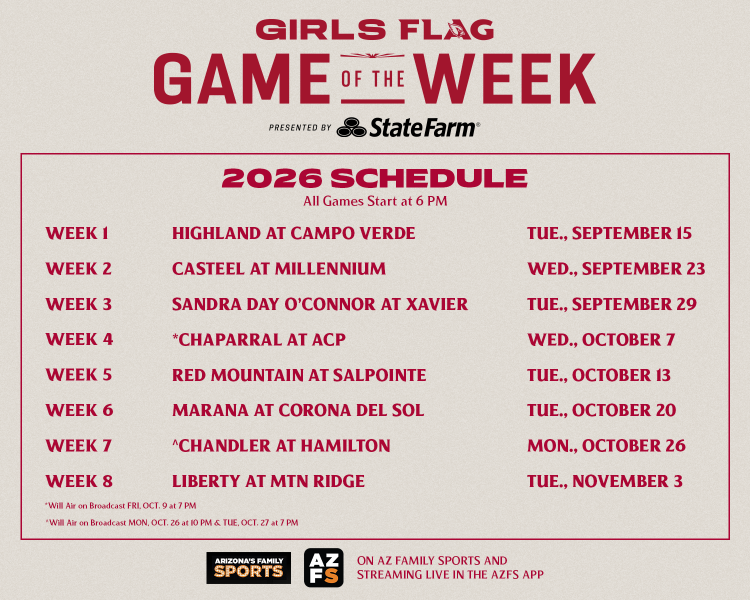 GOTW Girls FLag Schedule