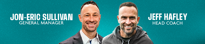 Portrait pictures of Jon-Eric Sullivan General Managernd Jeff Hafley Head coach