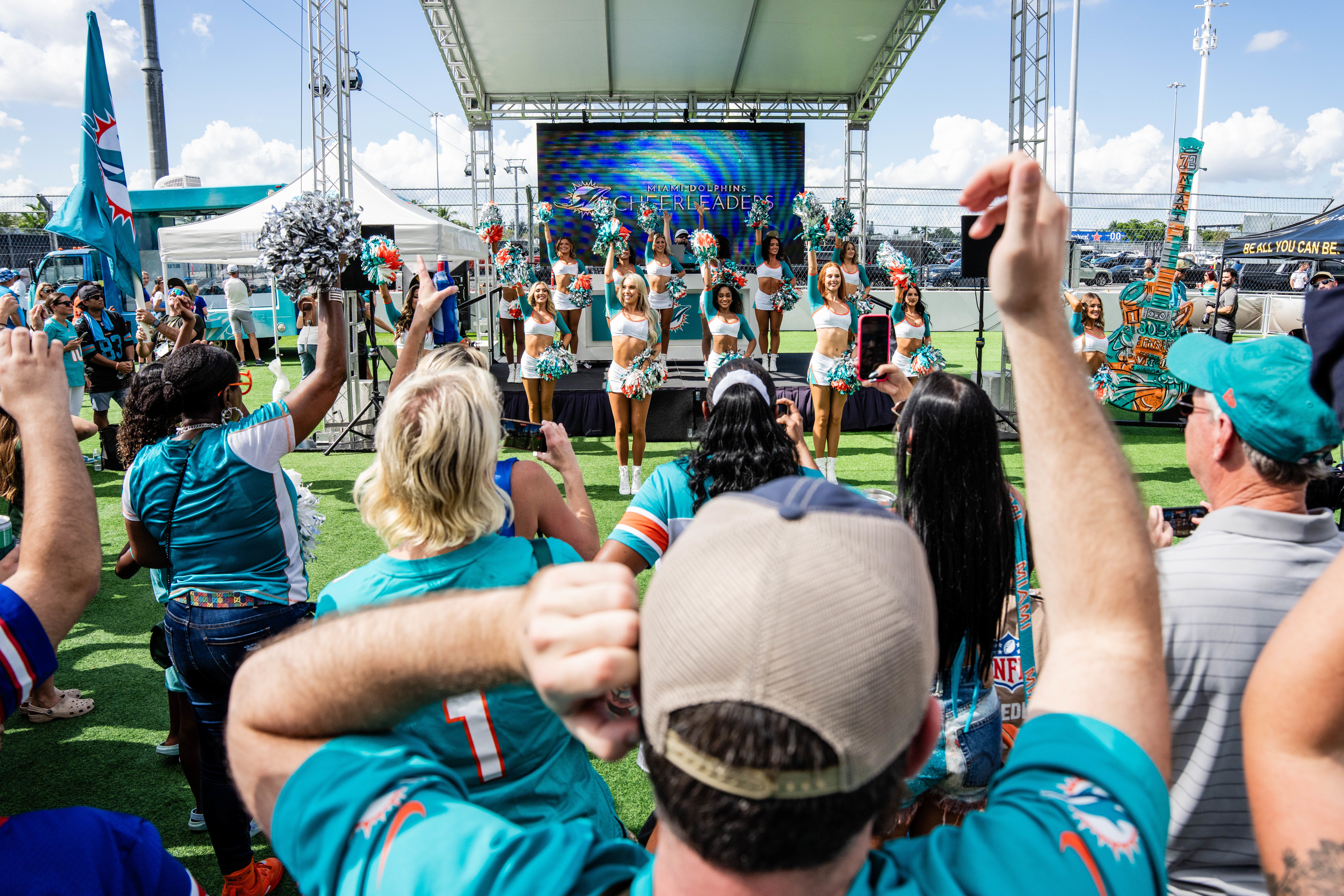 Cheerleader performance before an NFL football game against the Buffalo Bills on Sunday, Nov. 9, 2025 in Miami Gardens, Fla. (Adler Garfield/Miami Dolphins via AP)