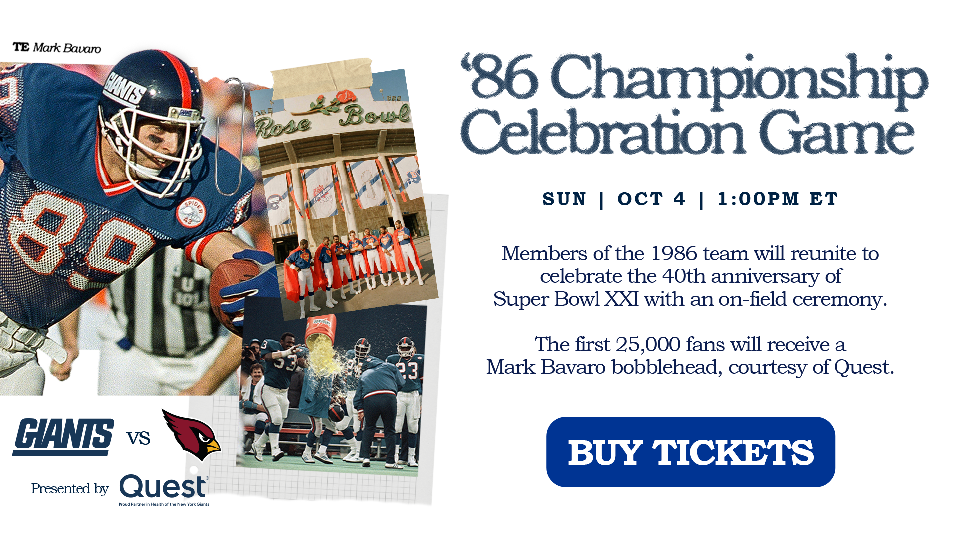 Buy tickets the '86 Championship Celebration Game where members of the 1986 team will reunite to celebrate the 40th anniversary of Super Bowl XXI