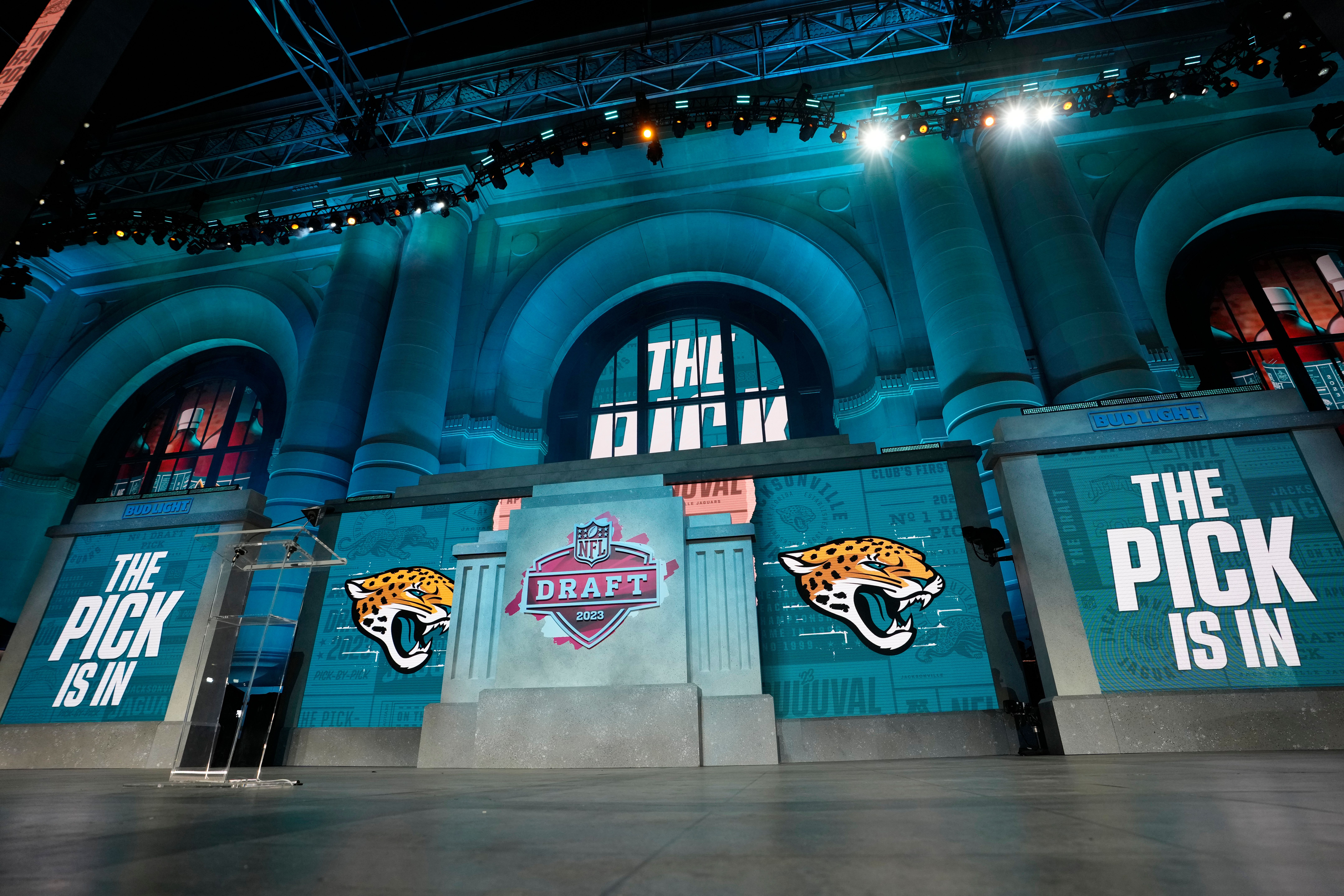 The onstage video screens display "The Pick Is In" for the Jacksonville Jaguars during the 2023 NFL Draft, Thursday, April 27, 2023, in Kansas City, Mo. (AP Photo/Steve Luciano)