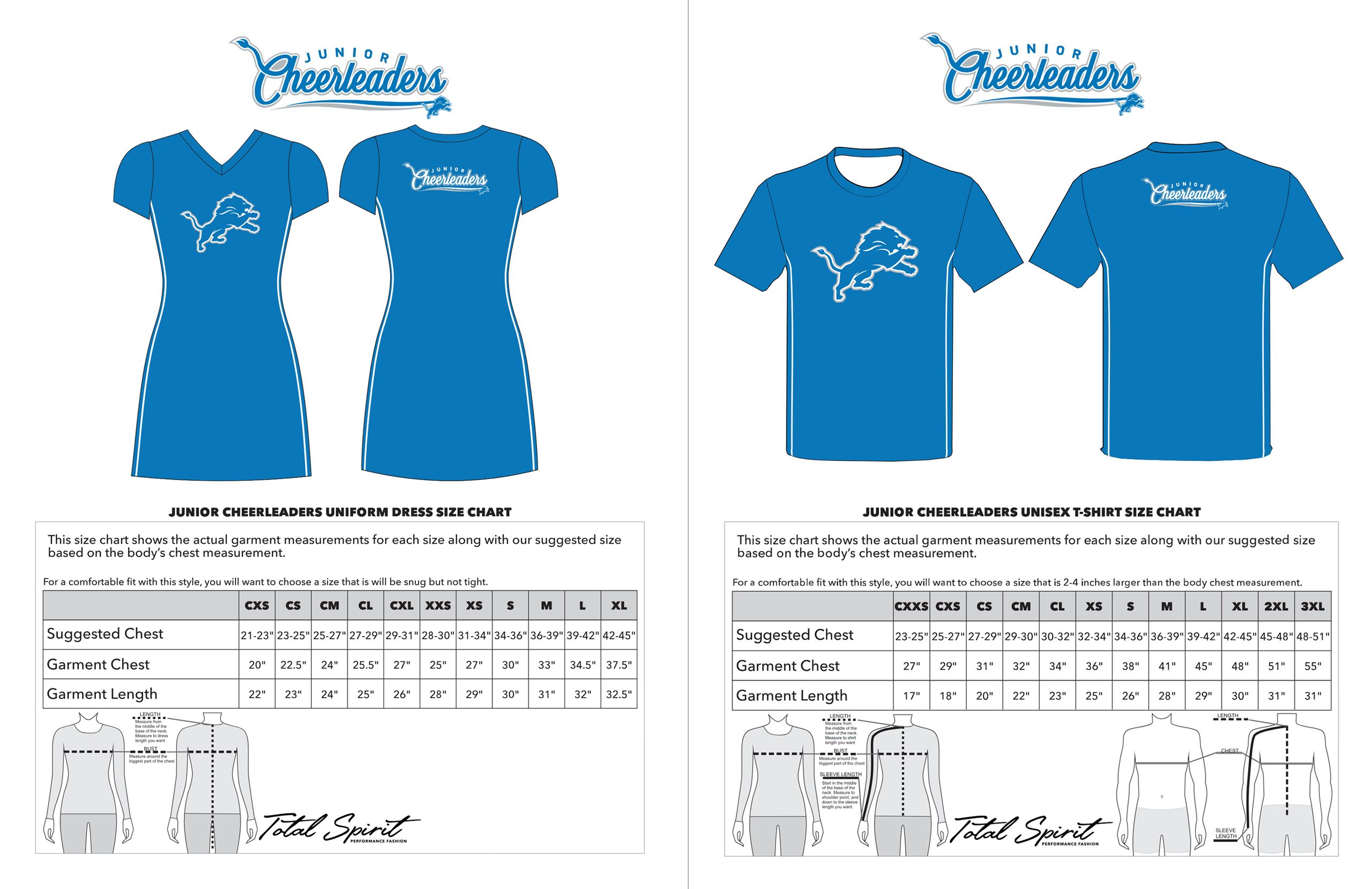 Junior Cheer Uniform and Sizing Diagram