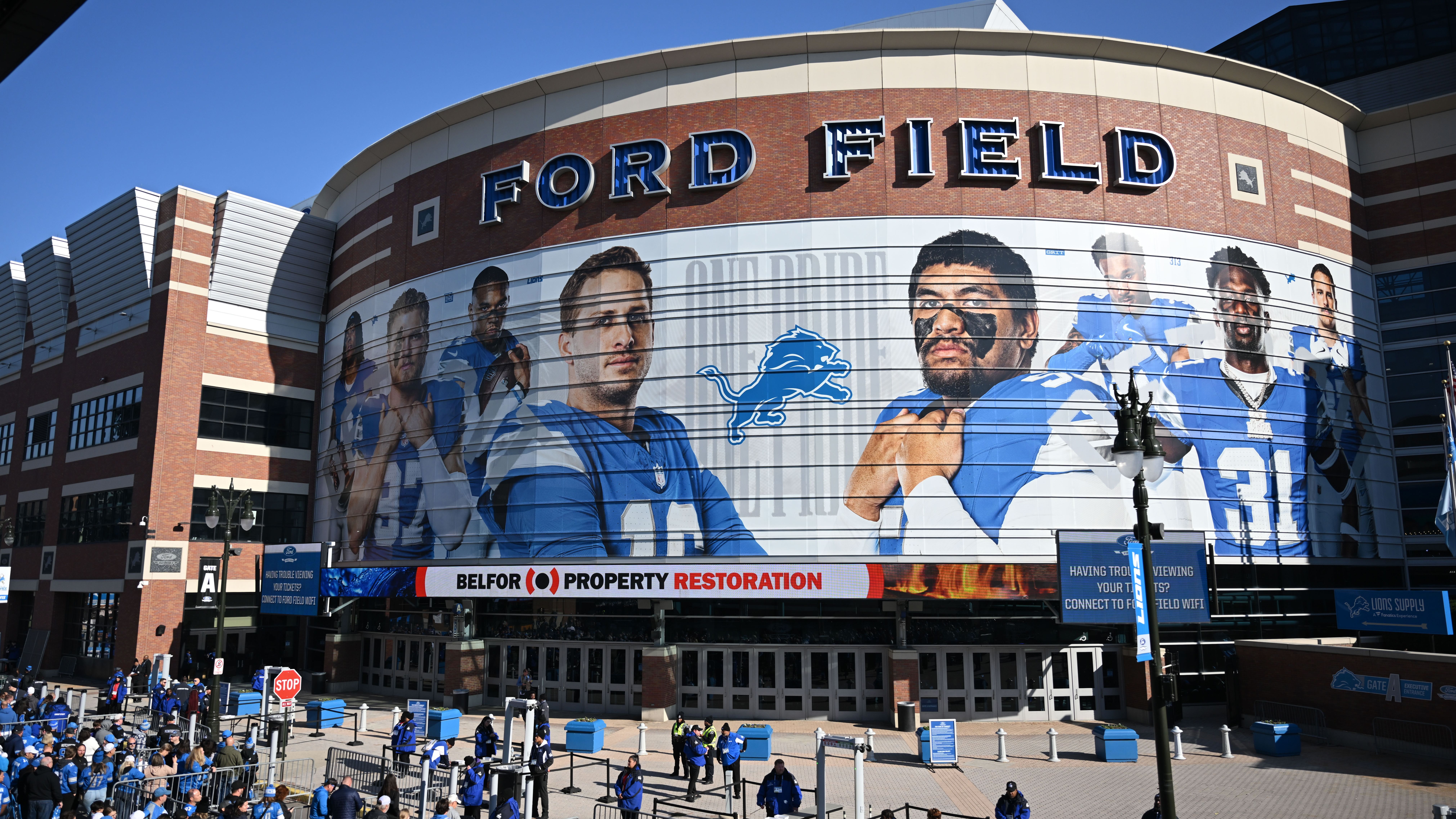 Gate A before an NFL football game against the Minnesota Vikings on Sunday, Nov. 2, 2025 in Detroit. (Josh Mandujano/Detroit Lions via AP)