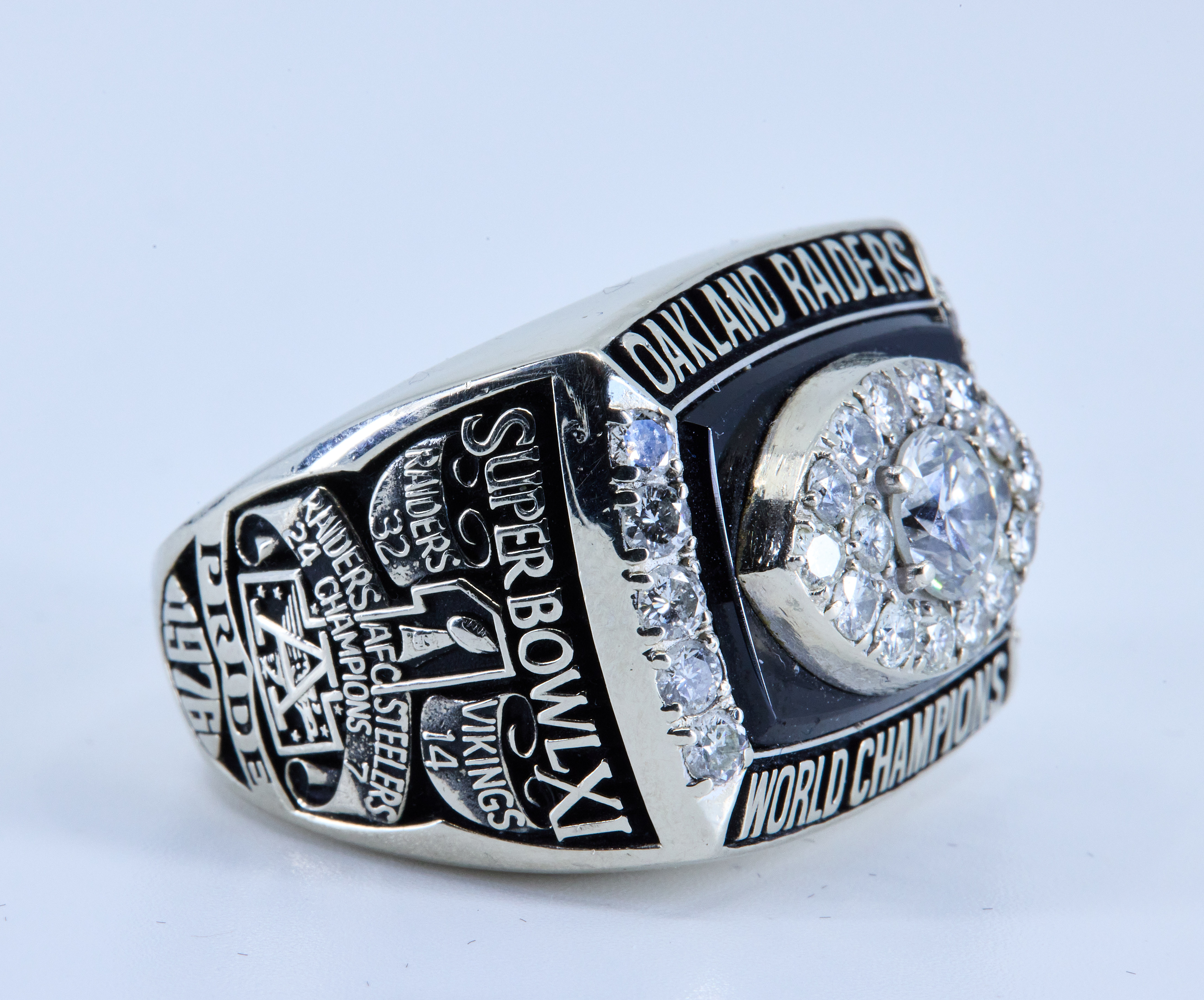 Details of a Super Bowl XI ring, Saturday, March 26, 2022, in Oakland, Calif.