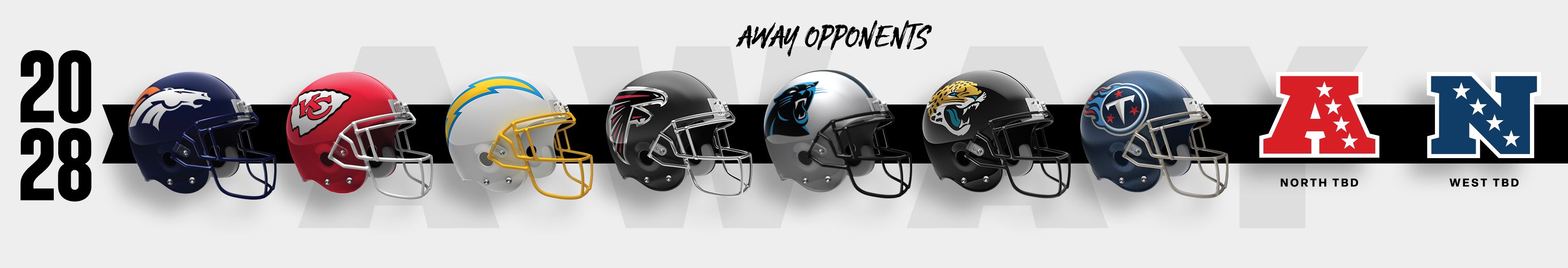 **2028 Home Opponents:** Denver Broncos, Kansas City Chiefs, Los Angeles Chargers, Atlanta Falcons, Carolina Panthers, Jacksonville Jaguars, Tennessee Titans, AFC North TBD, NFC West TBD