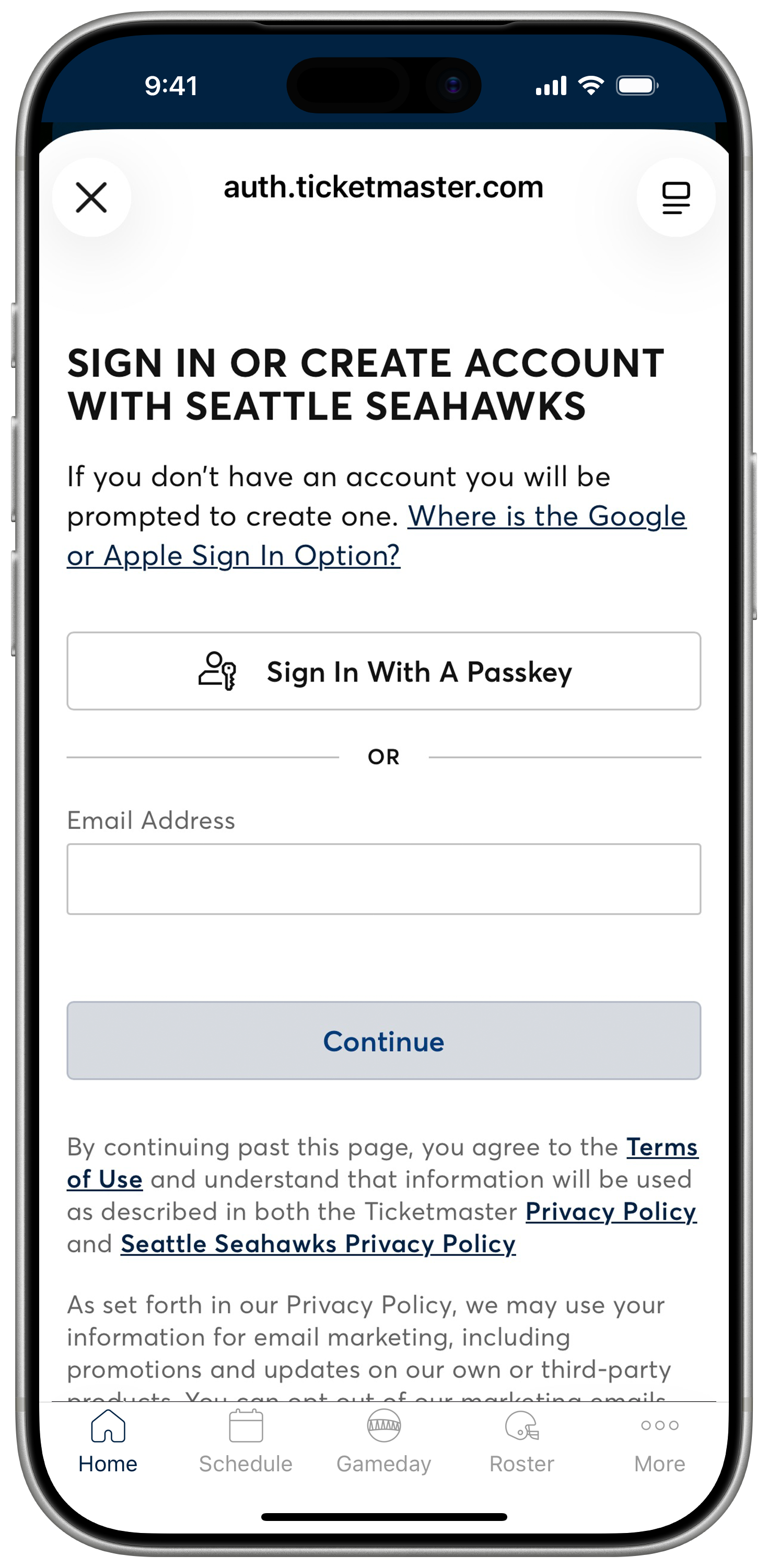 The Seahawks Mobile App Login page