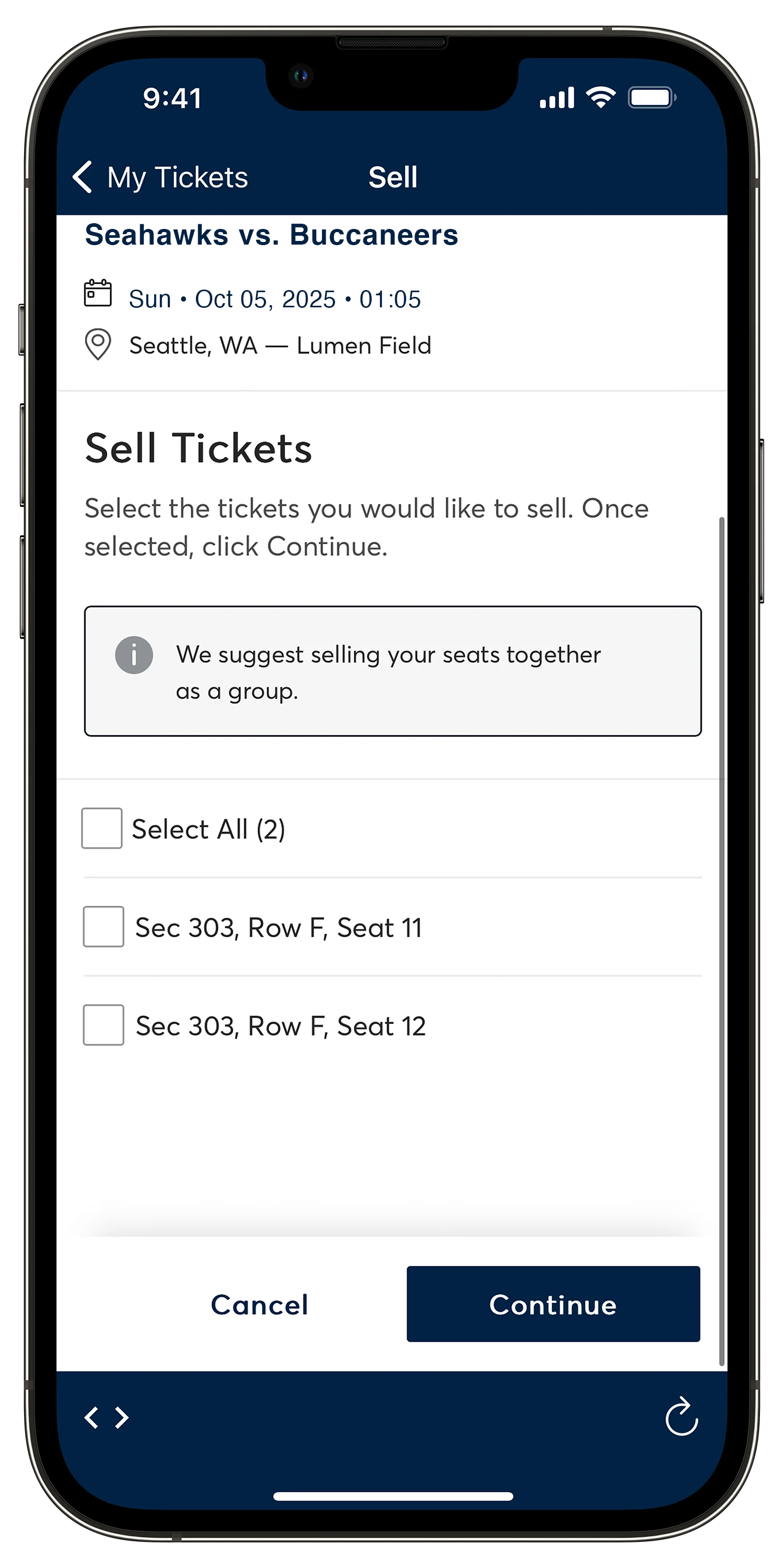 The Seahawks Mobile App Sell Tickets Page