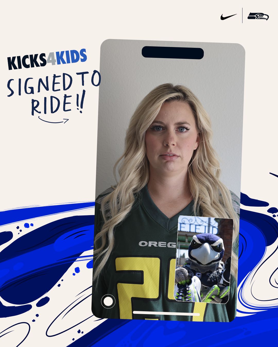 Maggie Clayton on FaceTime with Blitz, with the words SIGNED TO RIDE