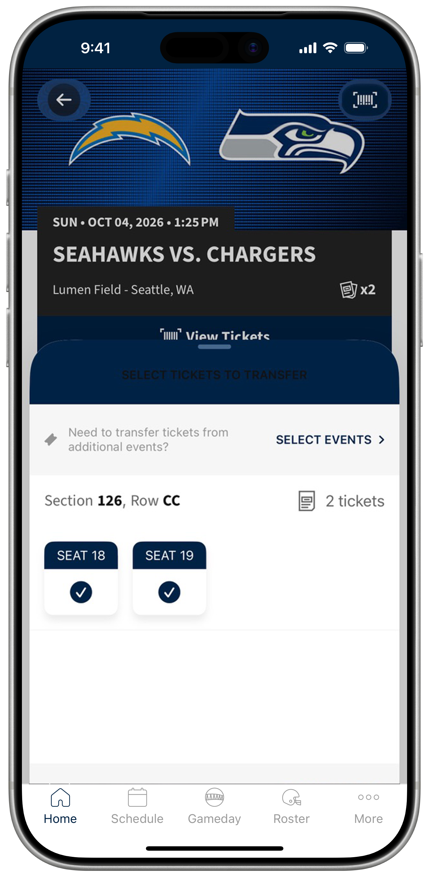 The Seahawks Mobile App Transfer Tickets Page