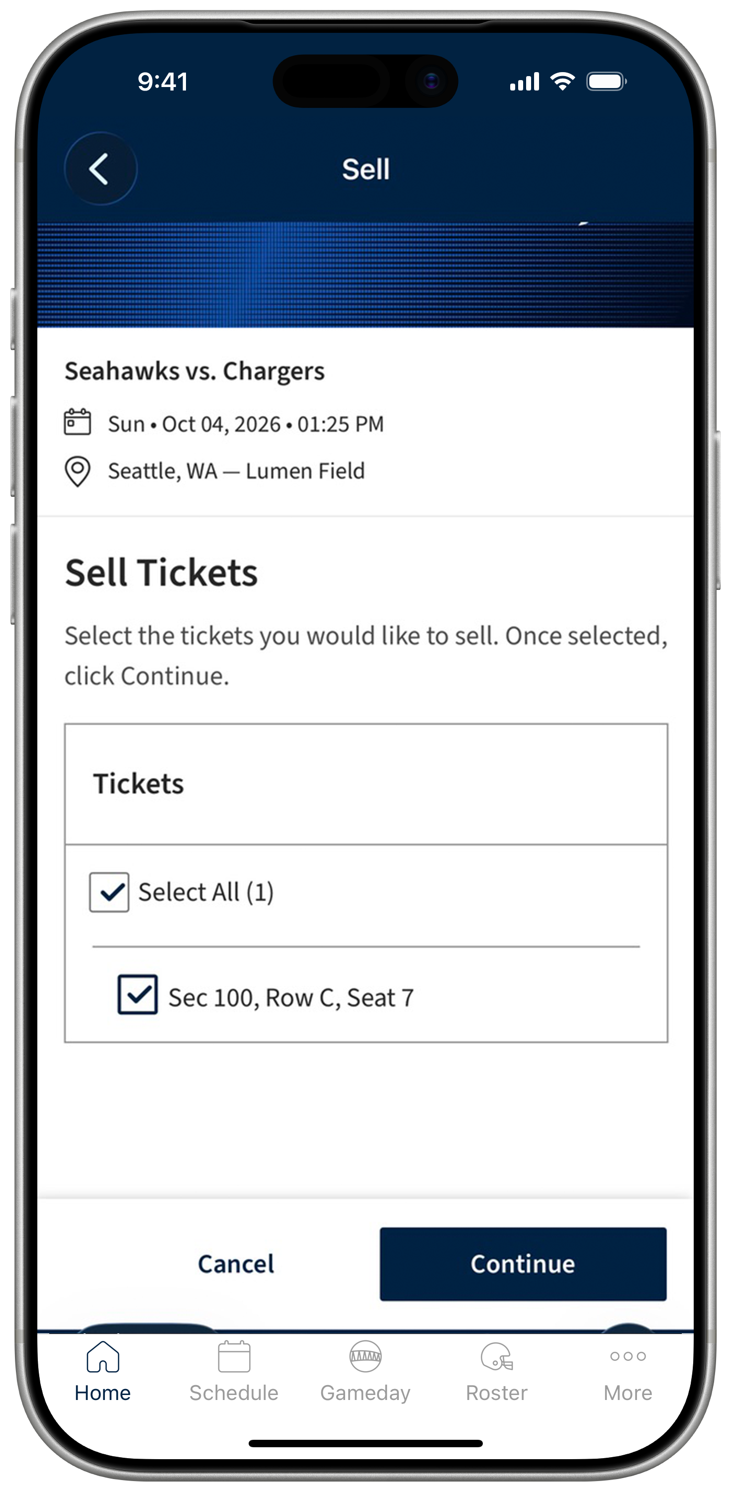 The Seahawks Mobile App Sell Tickets Page