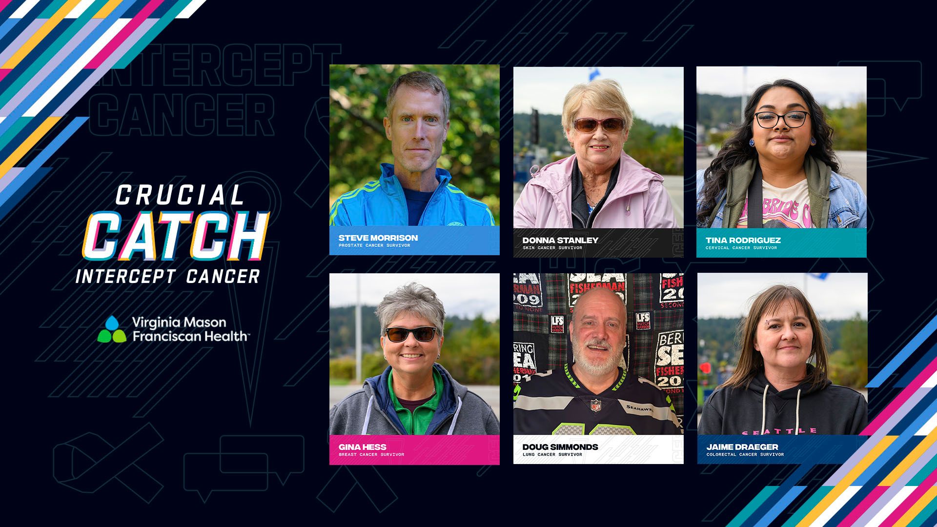 Crucial Catch - Intercept Cancer, with six images of cancer patients from Virginia Mason Franciscan Health