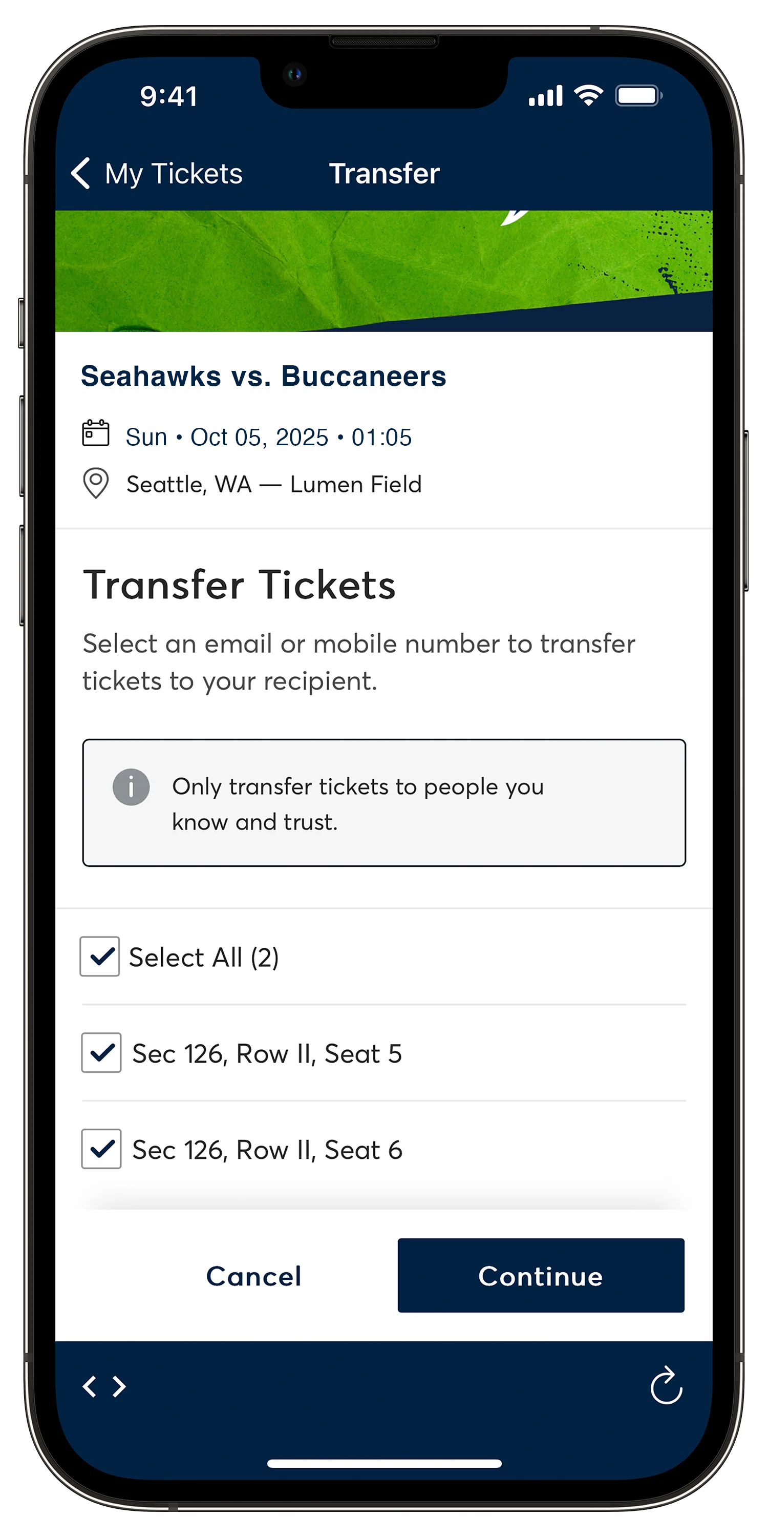 The Seahawks Mobile App Transfer Tickets Page