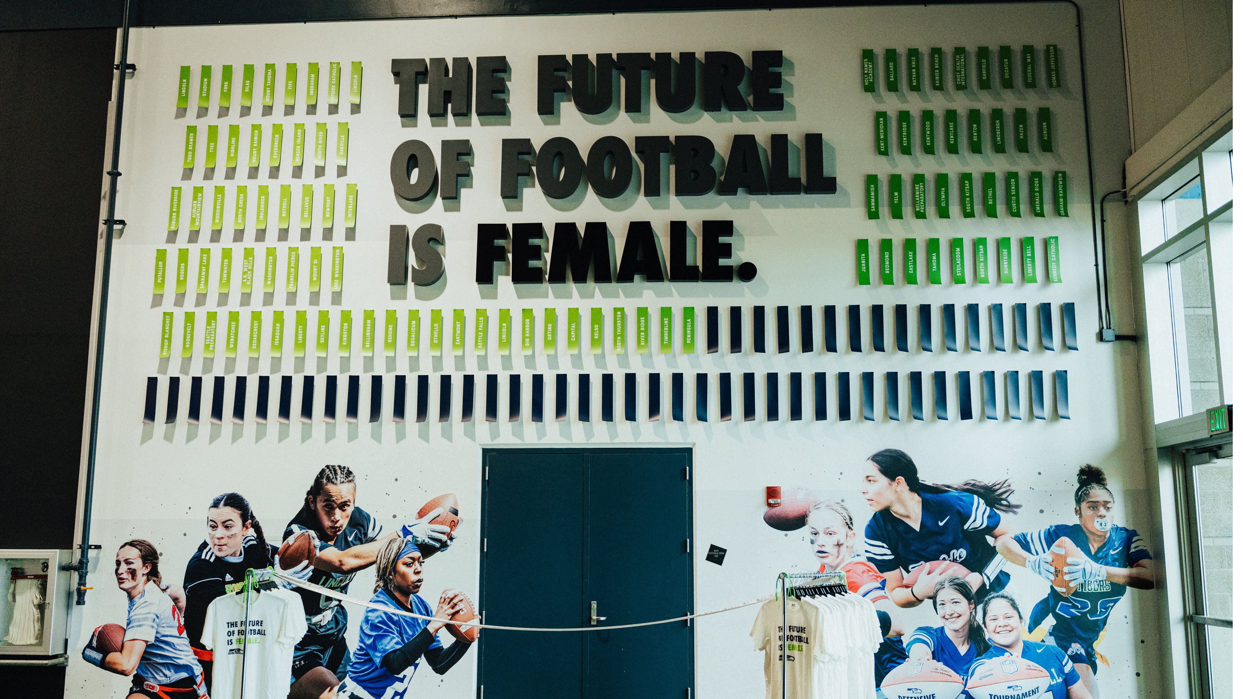 New wall at Lumen Field paying tribute to high school Girls Flag football programs.