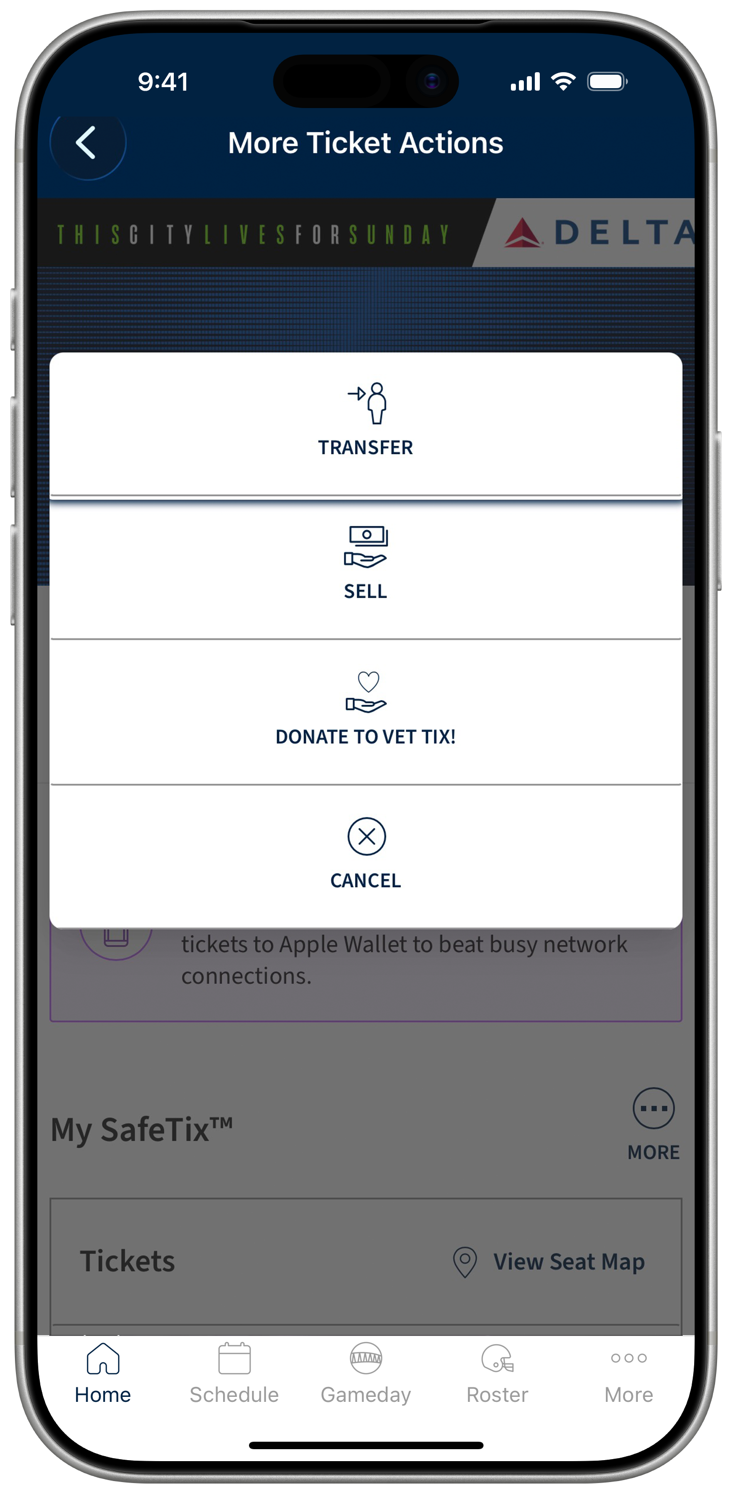 The Seahawks Account Manager Ticket Options Screen