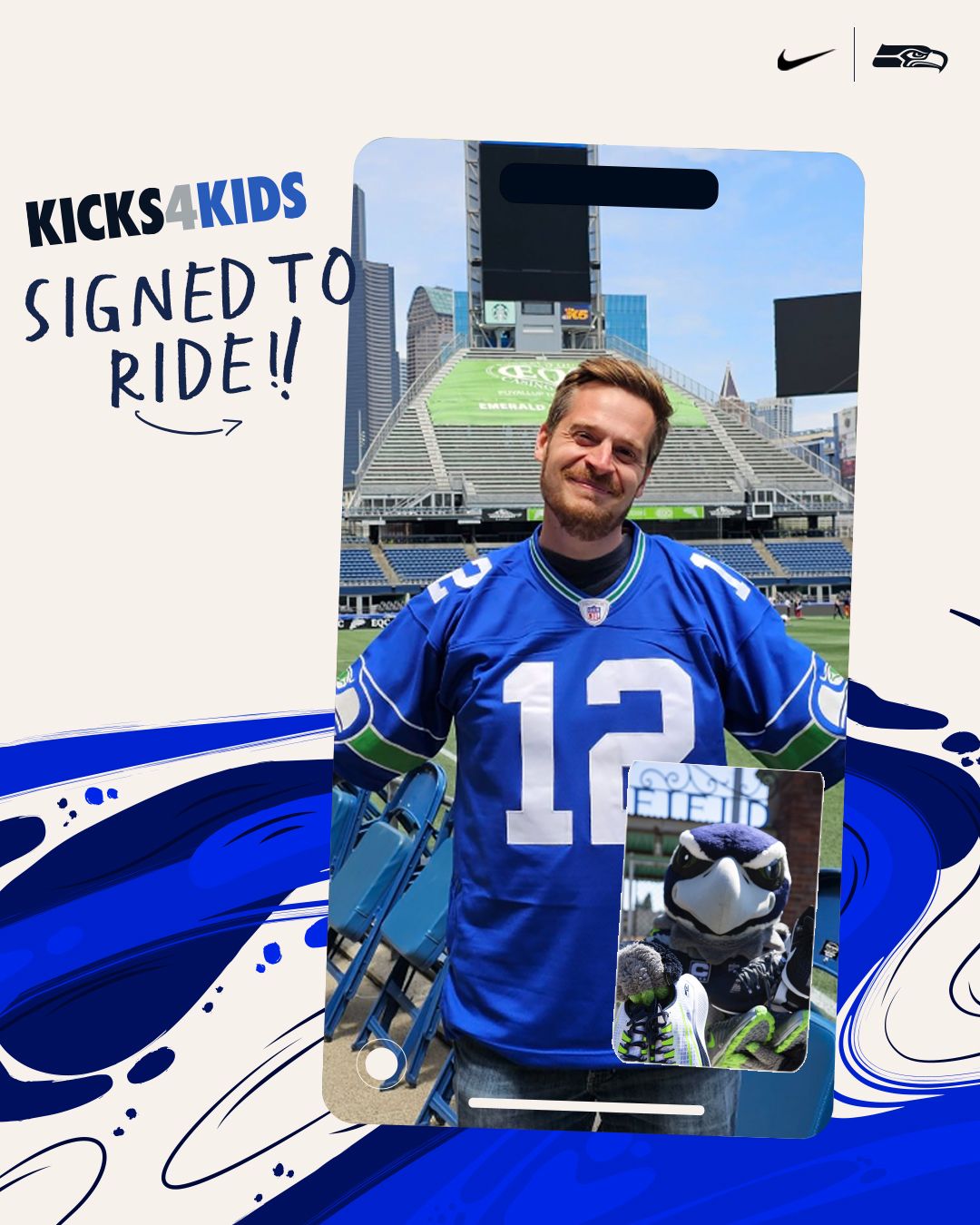 Tom Grossi on FaceTime with Blitz, with the words SIGNED TO RIDE