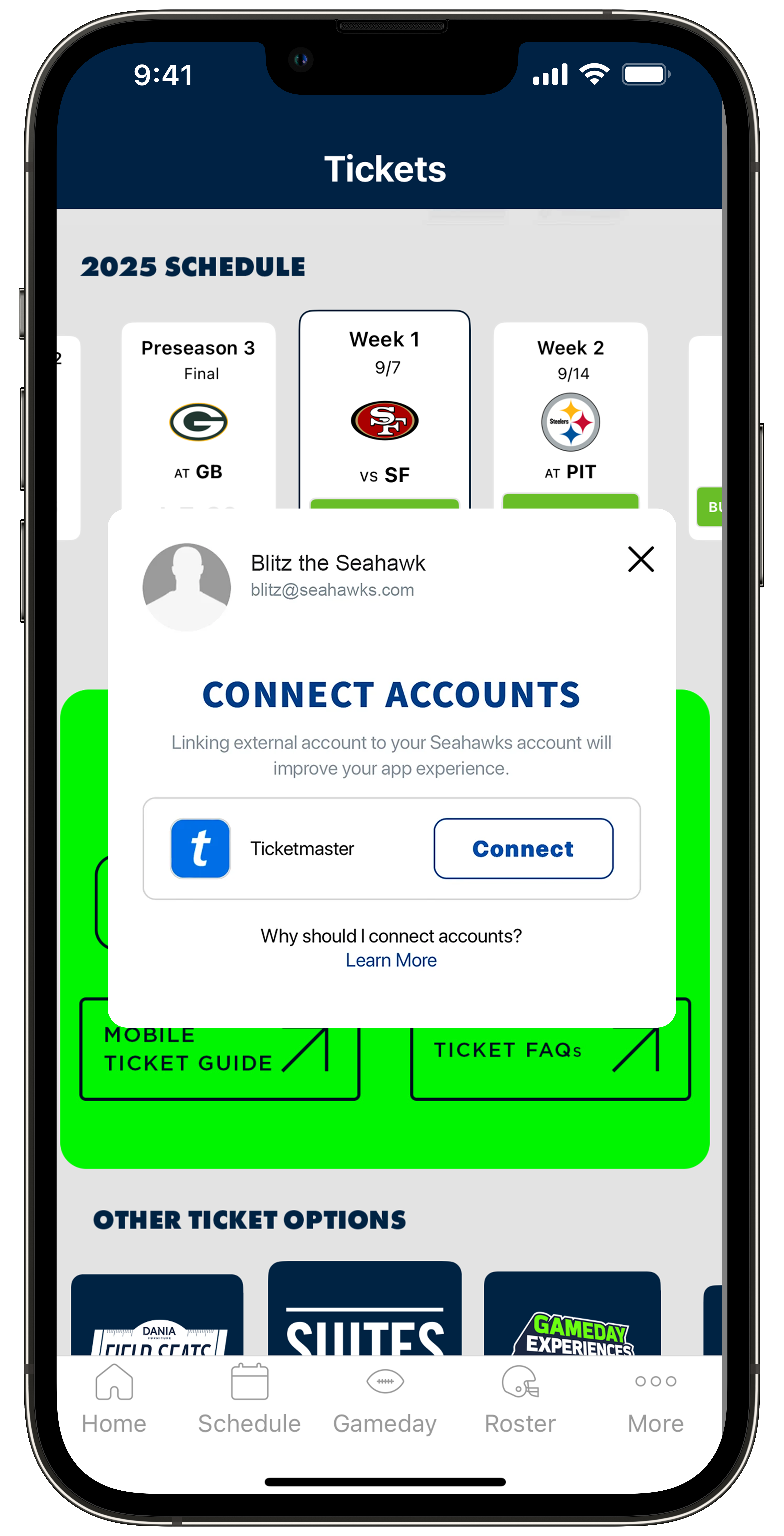 The Seahawks Mobile App Ticketmaster Connection Page