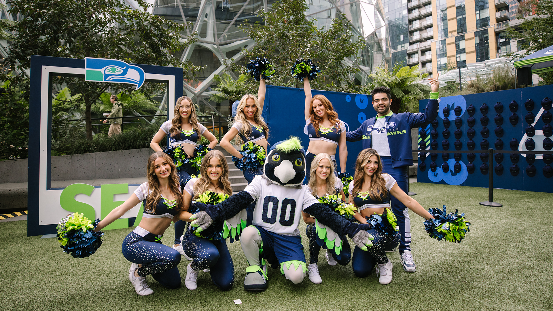 Seahawks Dancers posing with Boom