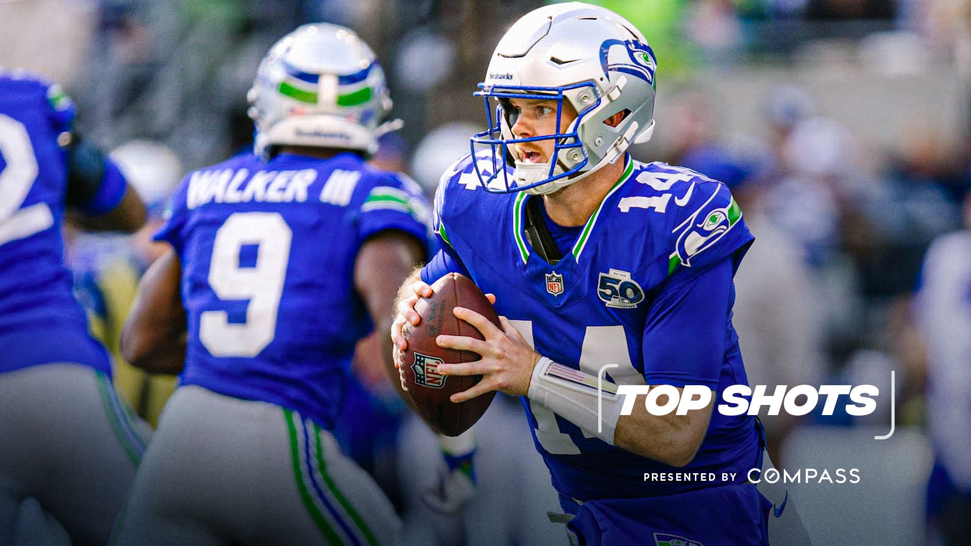 Sam Darnold Seattle Seahawks quarterback throwing football practice 2025