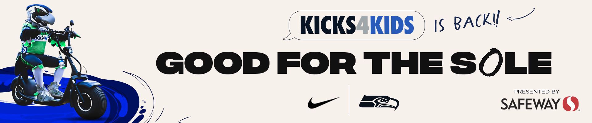 Blitz on a motorcycle with the text KICKS4KIDS - GOOD FOR THE SOLE