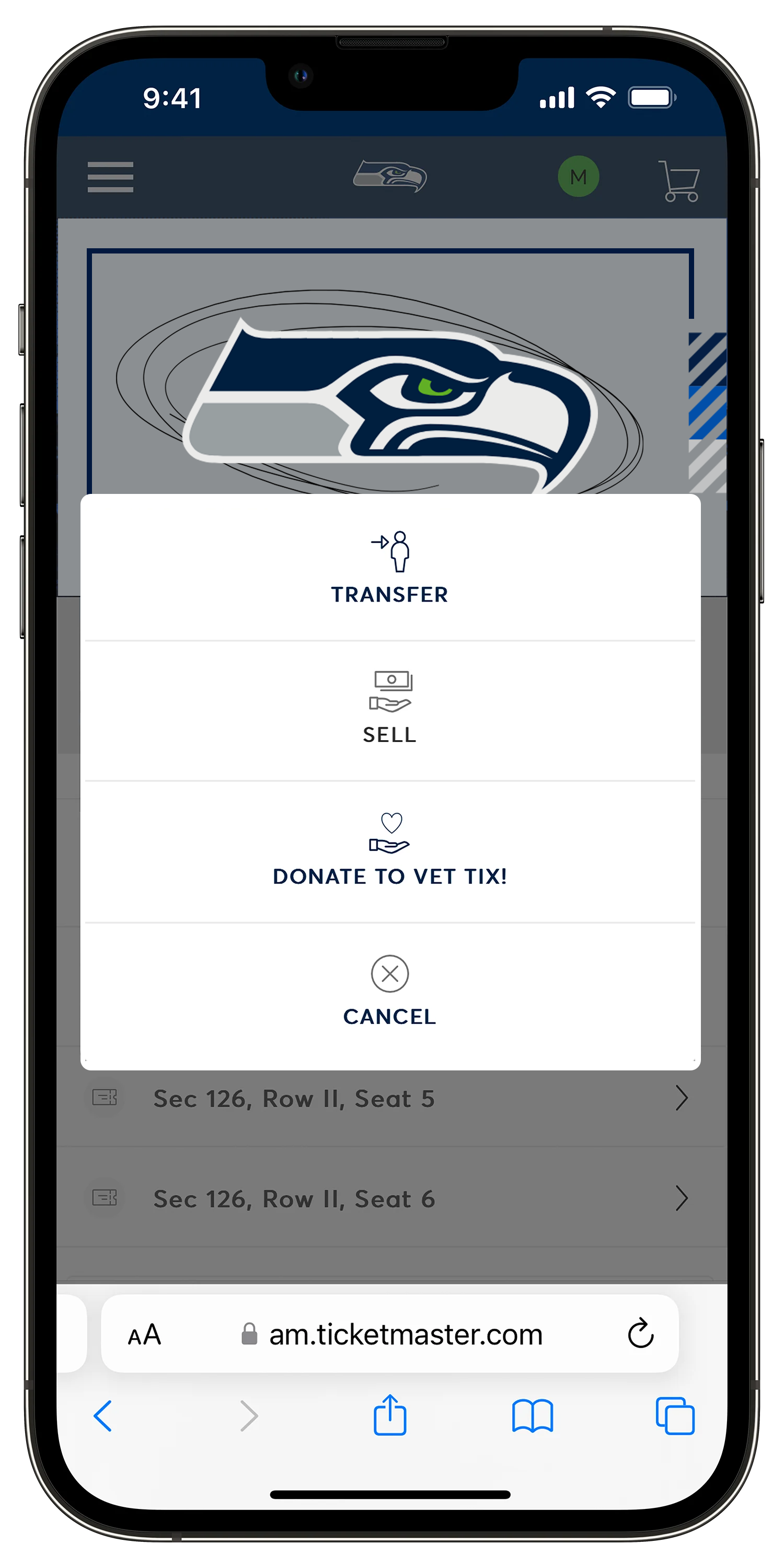 The Seahawks Account Manager Ticket Options Screen