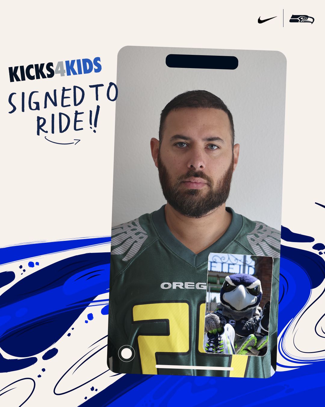 Jaron Clayton on FaceTime with Blitz, with the words SIGNED TO RIDE