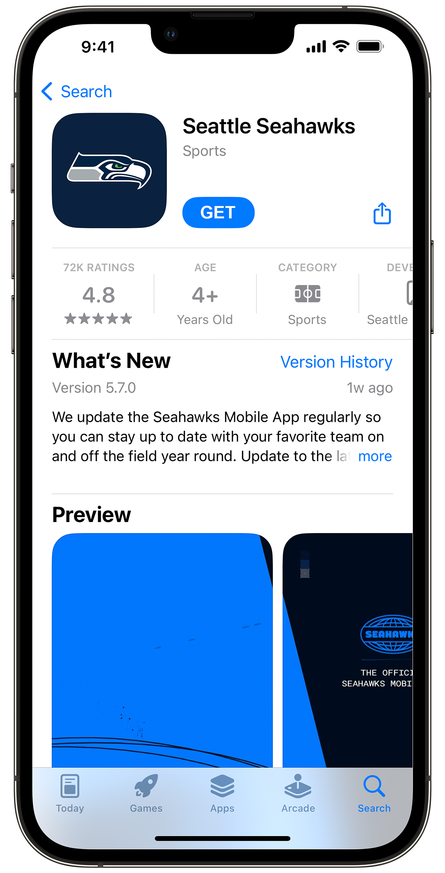 The Seahawks Mobile app in the app store