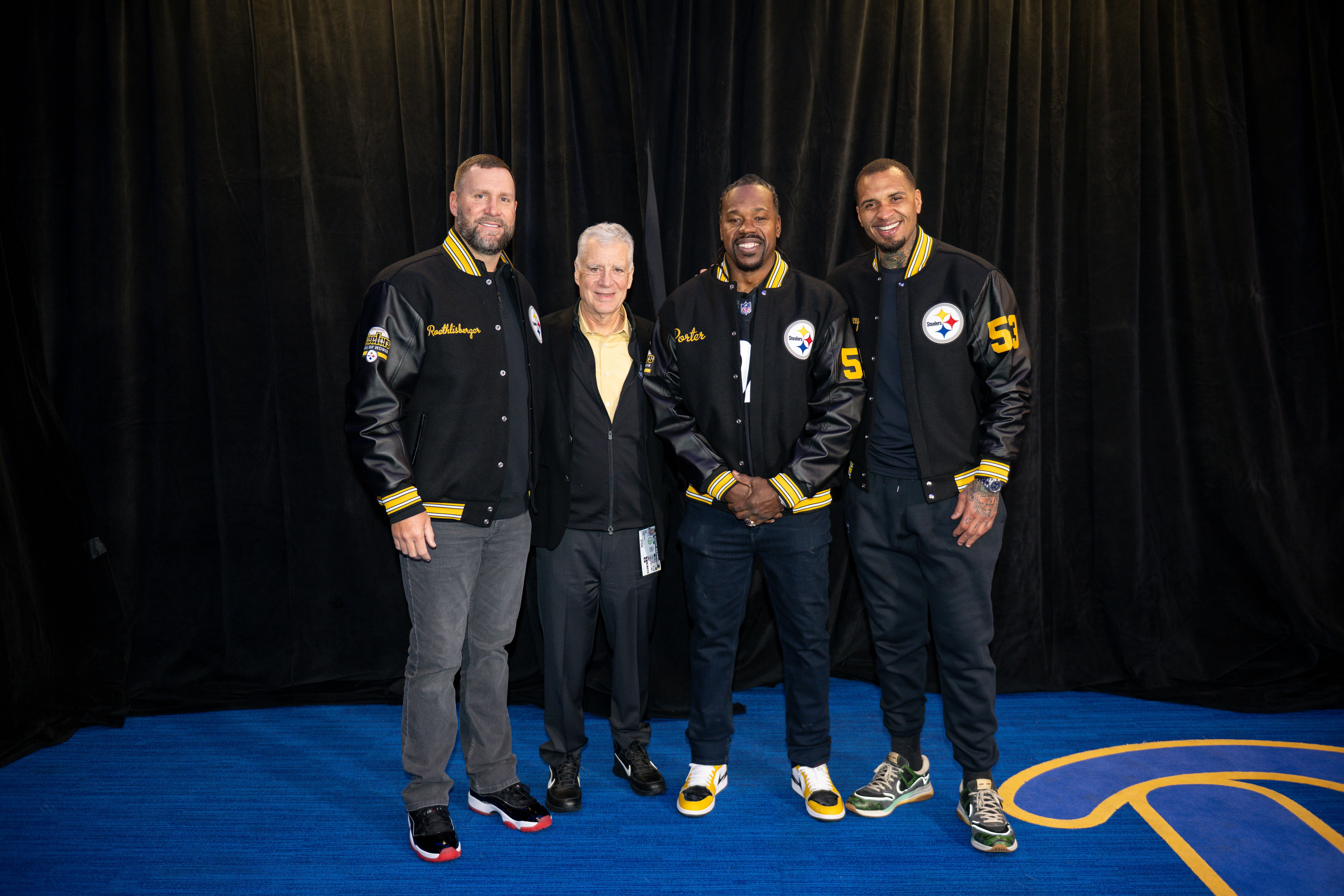 Pittsburgh Steelers legend Ben Roethlisberger, president Art Rooney II, Joey Porter Sr., and Maurkice Pouncey prior to a regular season game between the Pittsburgh Steelers and the Miami Dolphins, Monday, Dec. 15, 2025 in Pittsburgh, PA. The Steelers defeated the Dolphins 28-15. (Karl Roser / Pittsburgh Steelers)