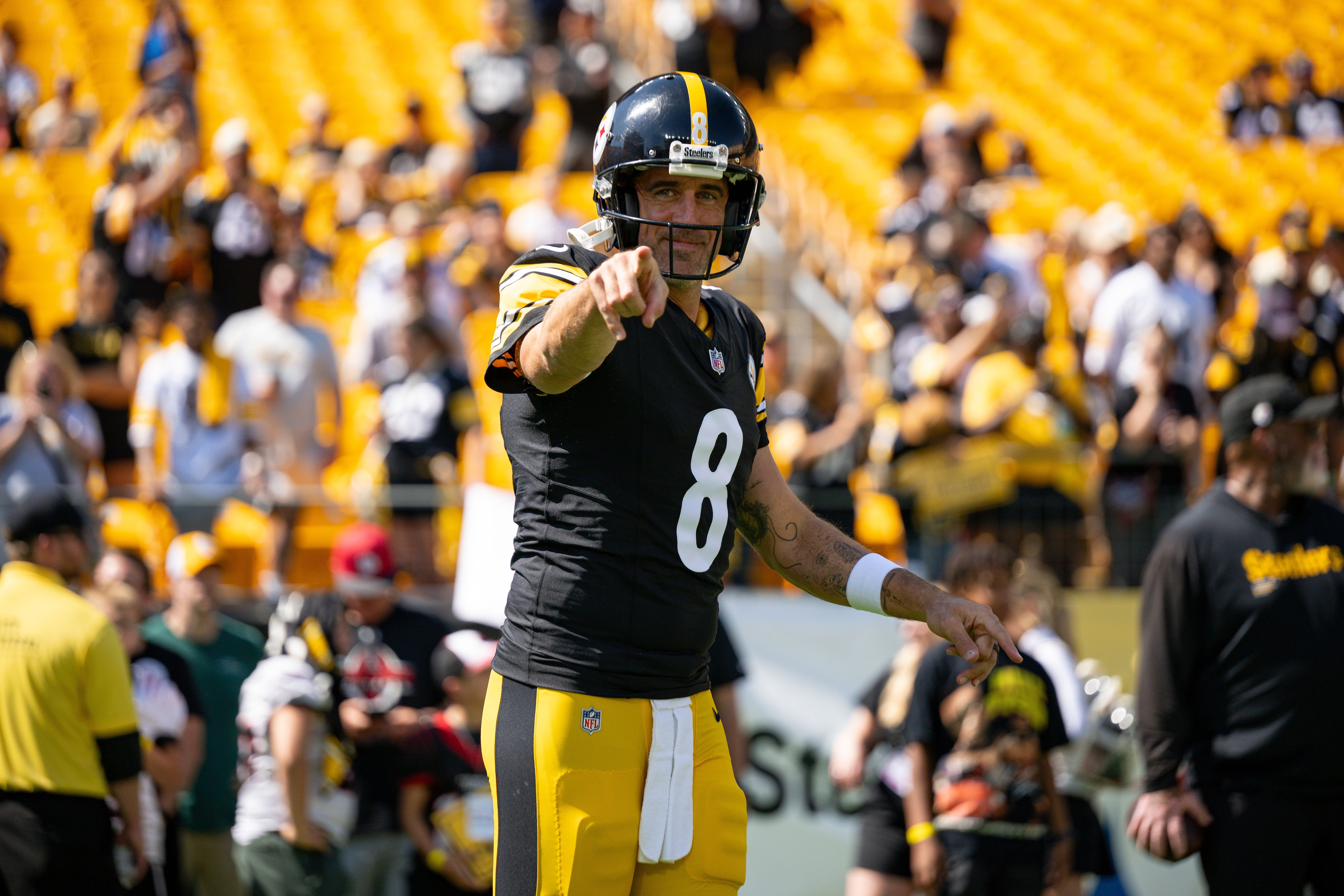 Pittsburgh Steelers quarterback Aaron Rodgers (8) prior to a regular season game between the Pittsburgh Steelers and the Seattle Seahawks, Sunday, Sept. 14, 2025 in Pittsburgh, PA. The Seahawks beat the Steelers 31-17. (Karl Roser / Pittsburgh Steelers)