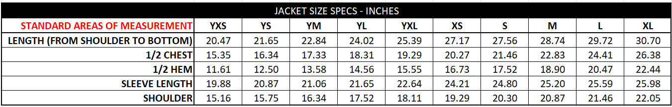 Jacket Size Specs