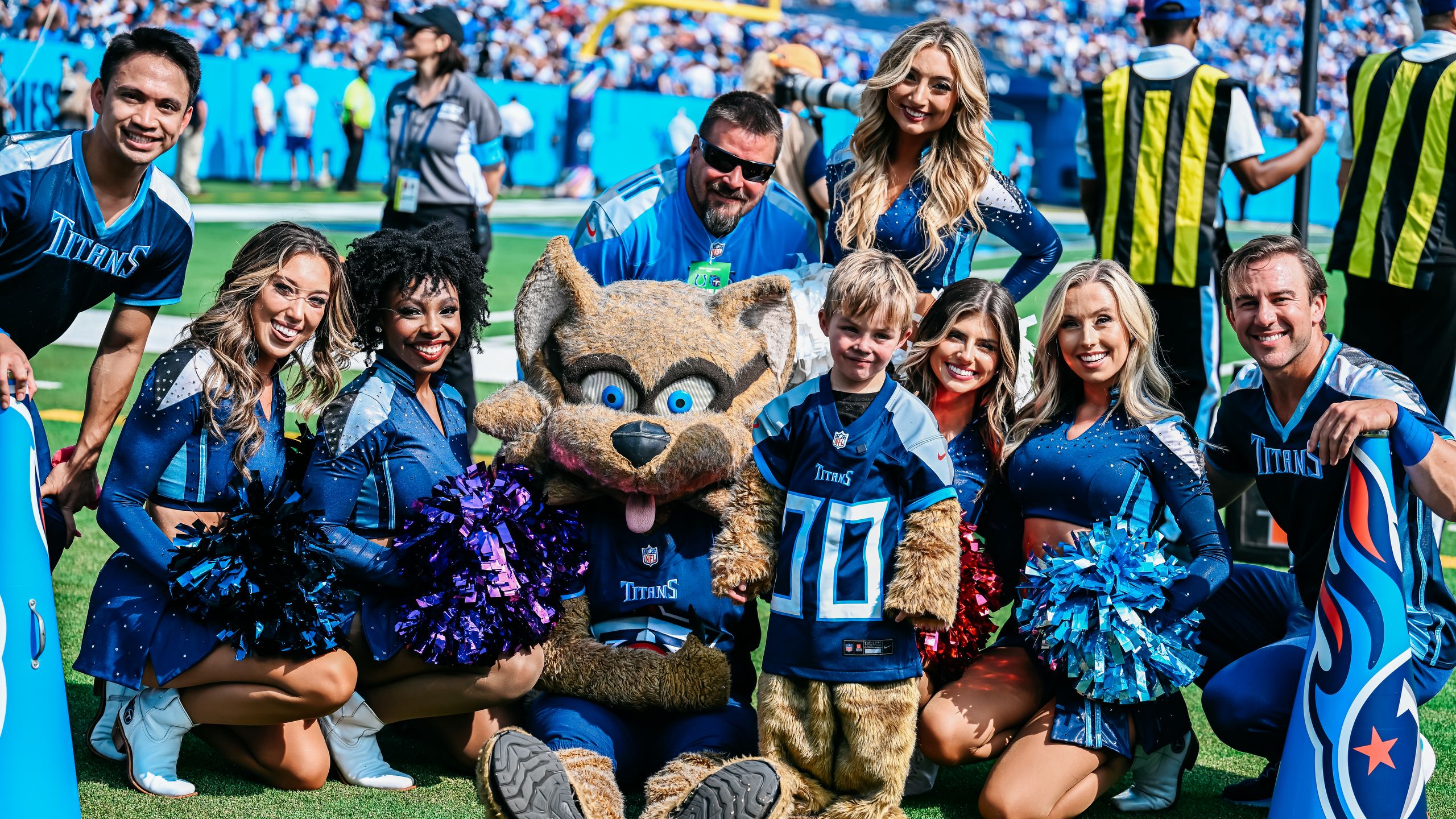 Tennessee Titans Cheerleaders and T-Rac with his guest, Make-A-Wish recipient Karson, before the game between the Tennessee Titans and the Indianapolis Colts at Nissan Stadium on October 13, 2024 in Nashville, TN. Photo By Kaitlyn Hungerford/Tennessee Titans