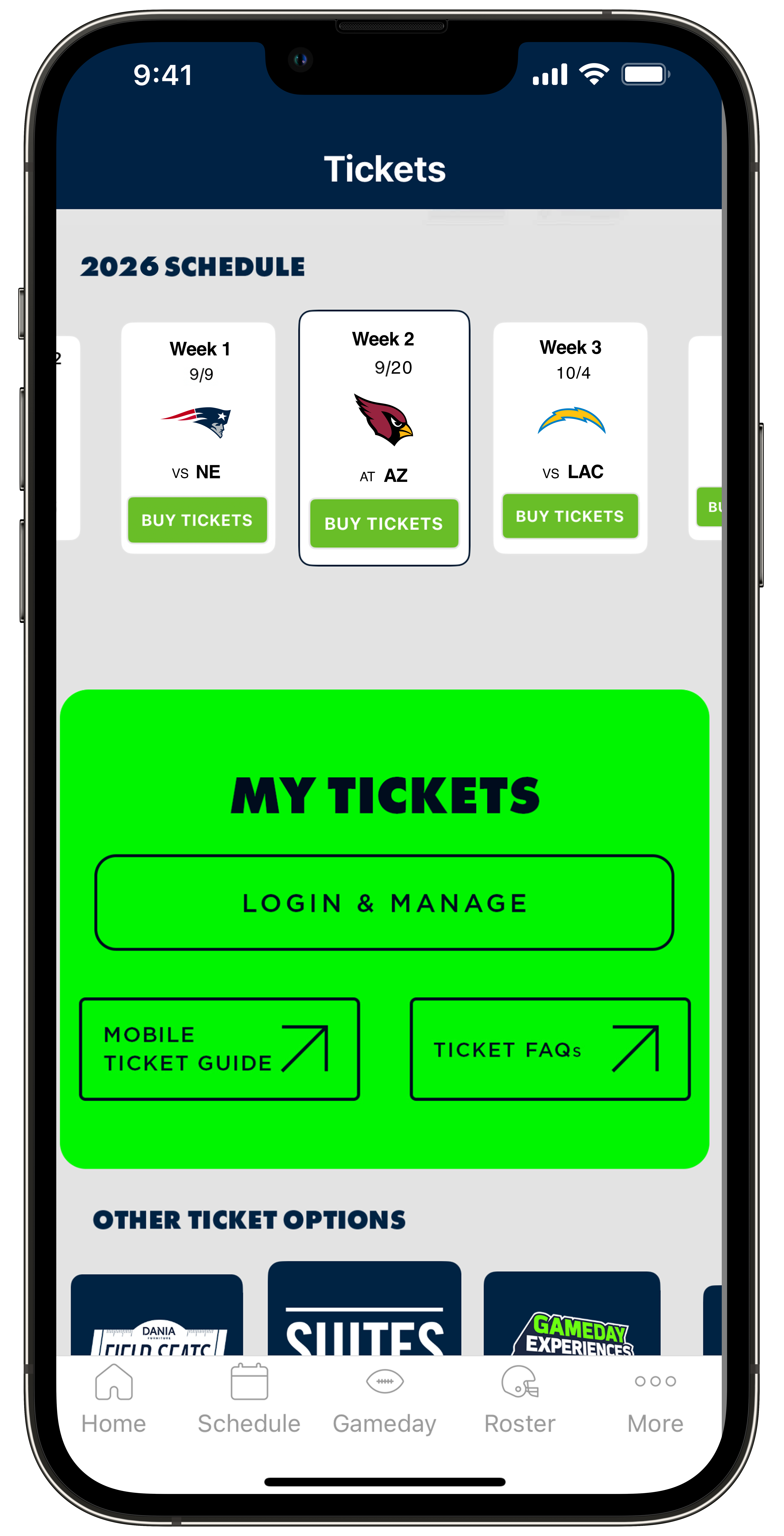 The Seahawks Mobile App tickets page