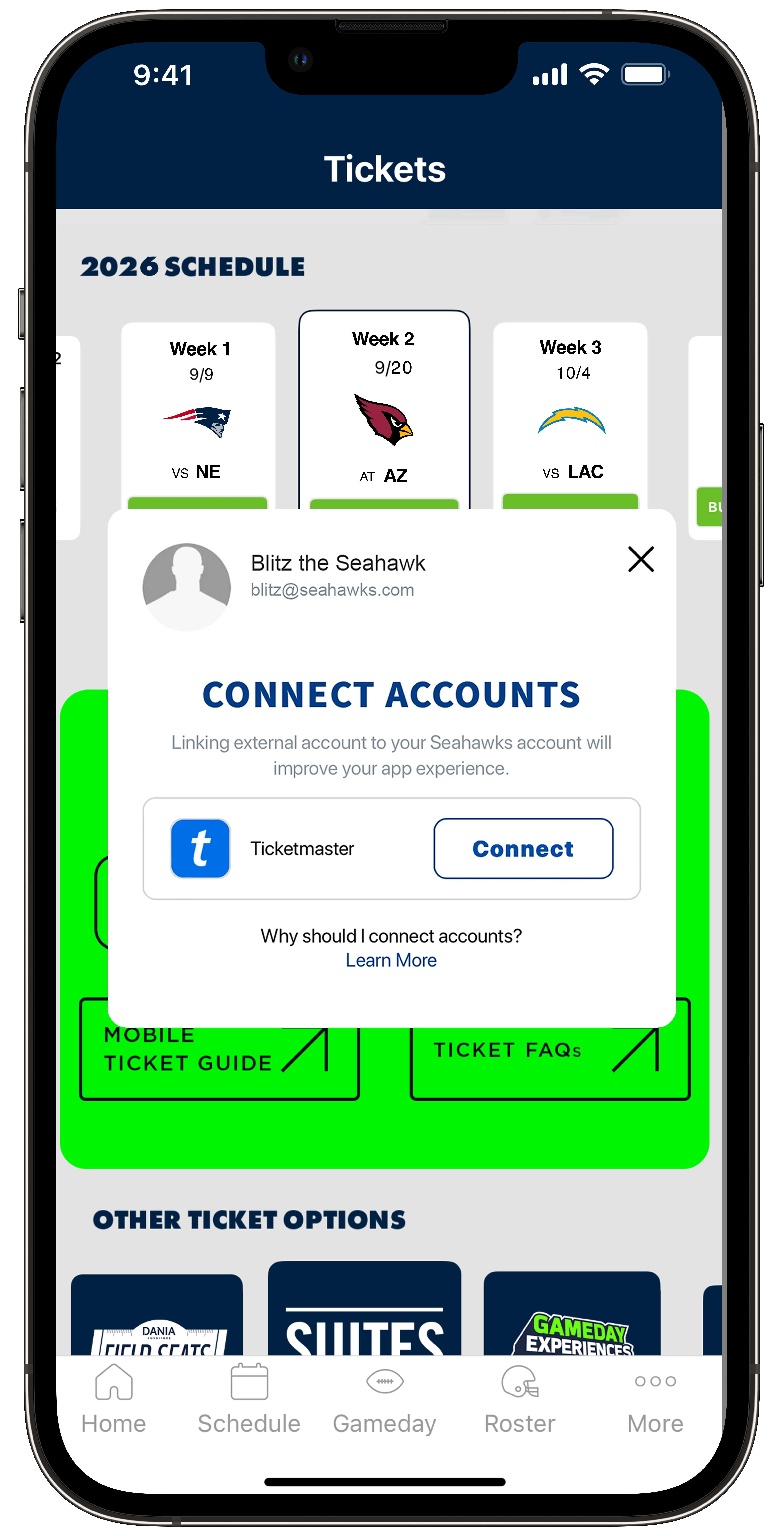 The Seahawks Mobile App Ticketmaster Connection Page