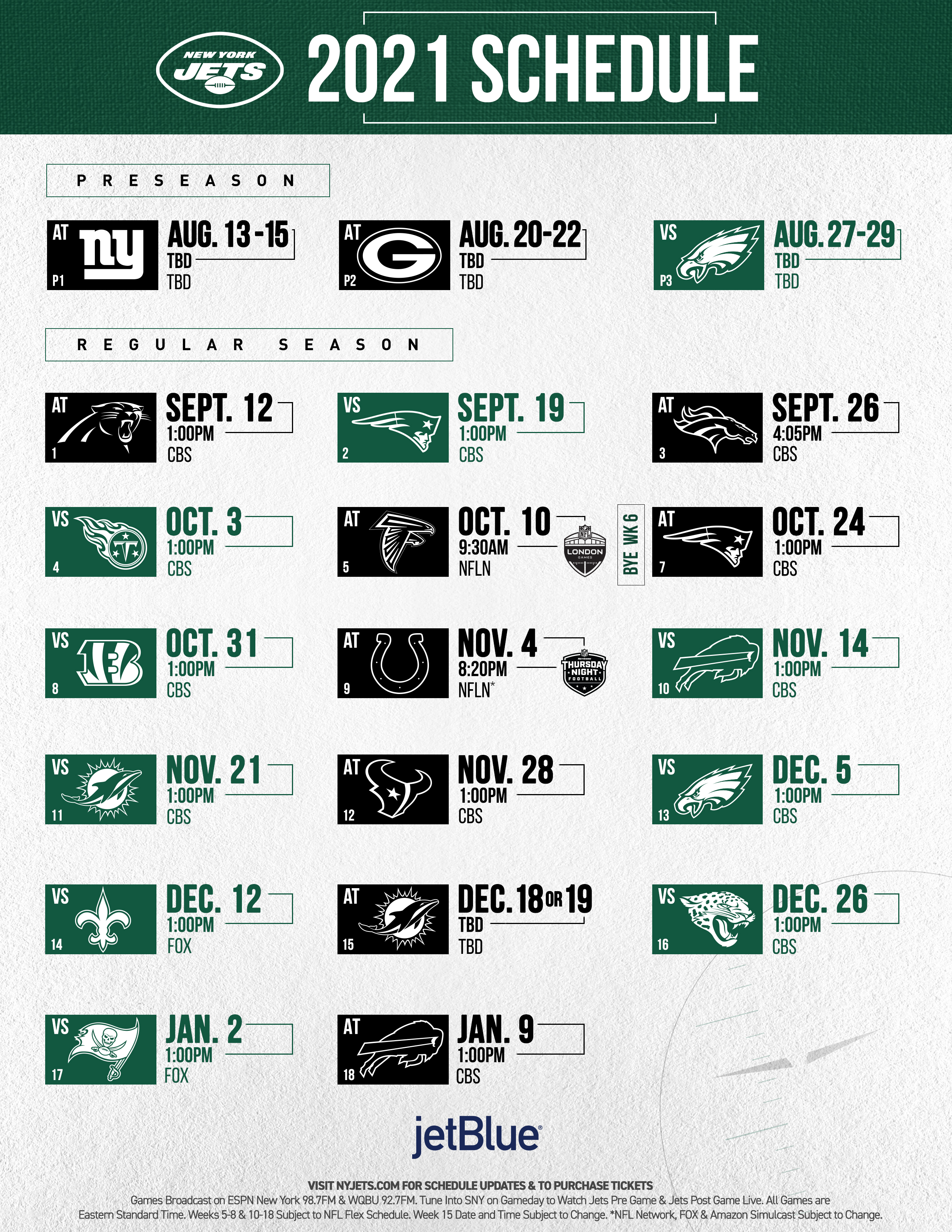 Jets' full schedule for 2021 NFL season