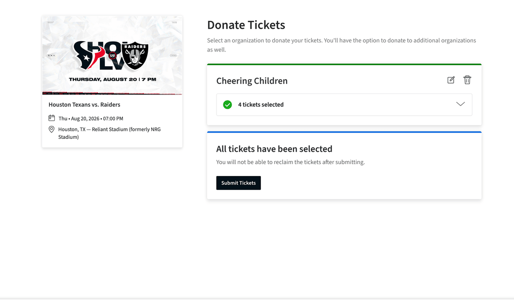 The donation summary showing the selected organization, the number of tickets, and a Submit Tickets button.