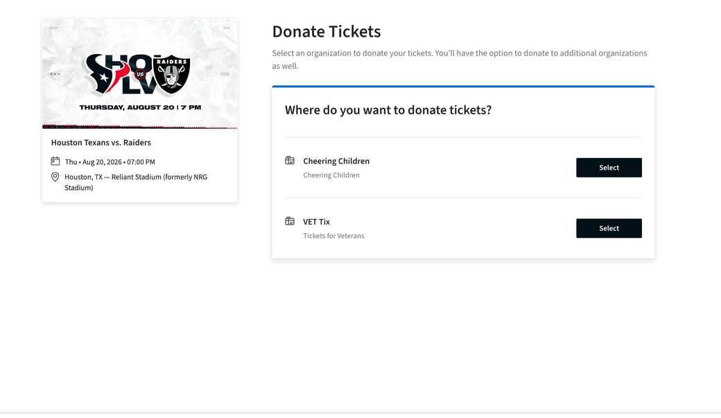 The Donate Tickets screen asking where to donate, listing the available organizations with Select buttons.