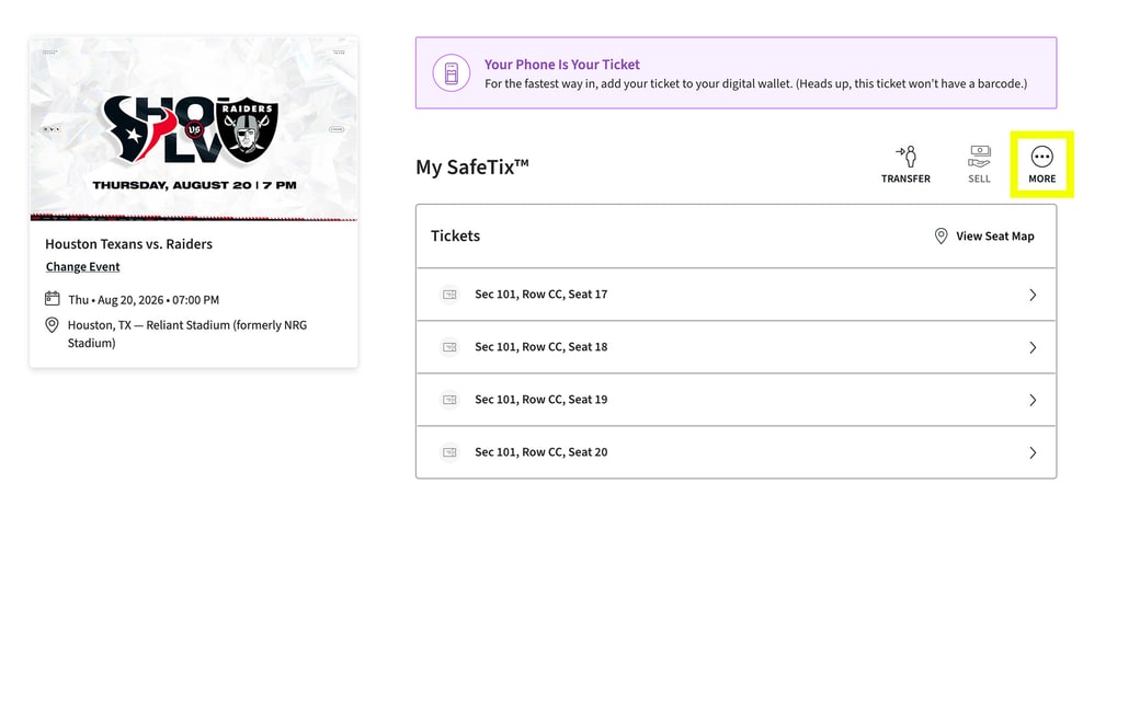 The My SafeTix ticket screen with the More button highlighted beside Transfer and Sell.