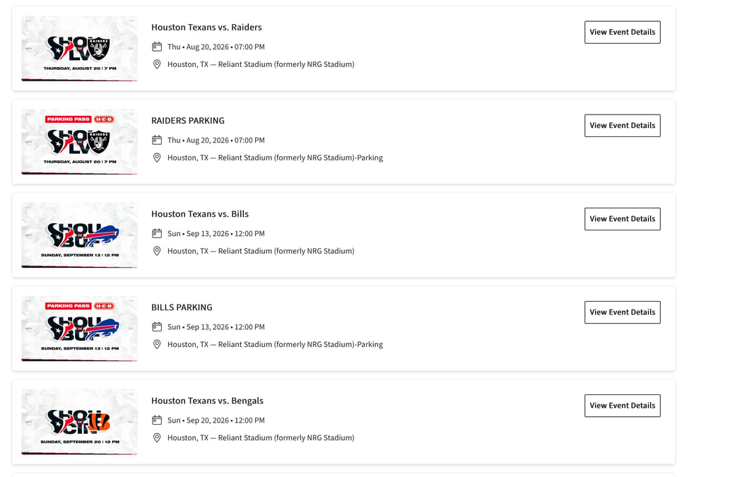 A list of upcoming events, each with a date, venue and a View Event Details button.
