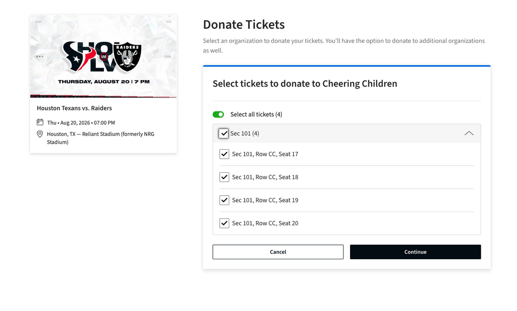 A seat list with a Select all tickets toggle and a checkbox beside each individual seat.