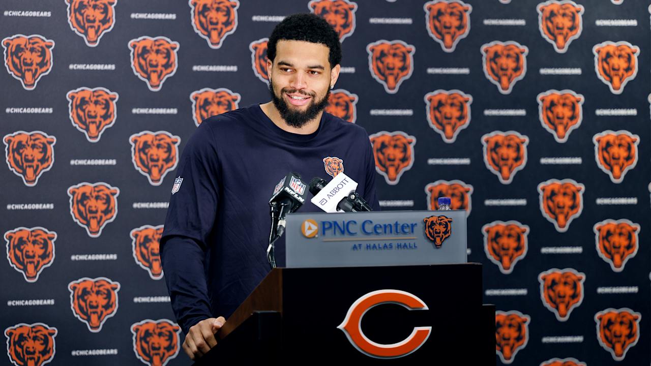 Caleb Williams at a Chicago Bears team press conference in 2026