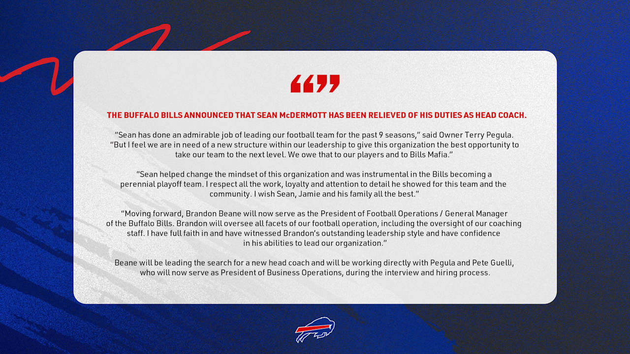 Buffalo Bills announce Sean McDermott has been relieved of his duties as head coach