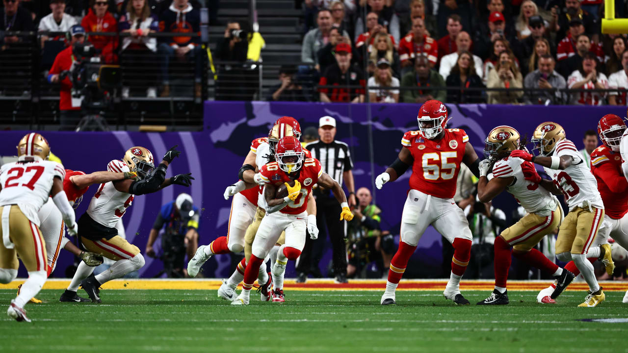 Running back Isiah Pacheco's 10-yard burst gives the Kansas City Chiefs first down number one in Super Bowl LVIII