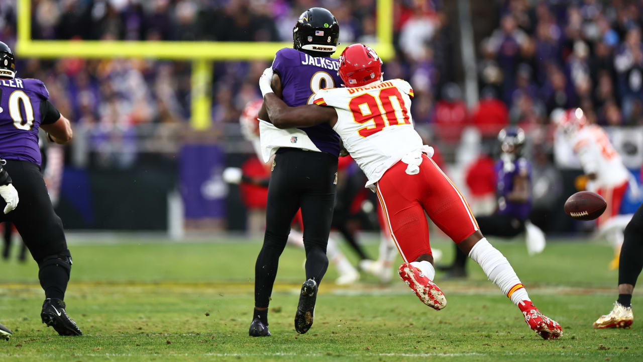Kansas City Chiefs defensive lineman Charles Omenihu strip-sacks Lamar  Jackson and defensive lineman George Karlaftis recovers the fumble in  Baltimore Ravens' Territory