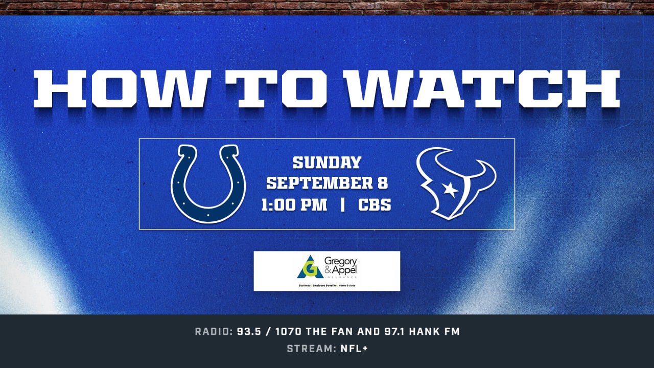 What channel is the Colts game on The week 1 game against Houston kicks off at 1 00 p.m. ET Sunday September 8 and is available to watch on CBS