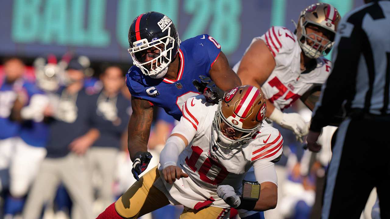 Image for Brian Burns, Abdul Carter combine for turnover on Mac Jones | Giants vs. 49ers Highlights